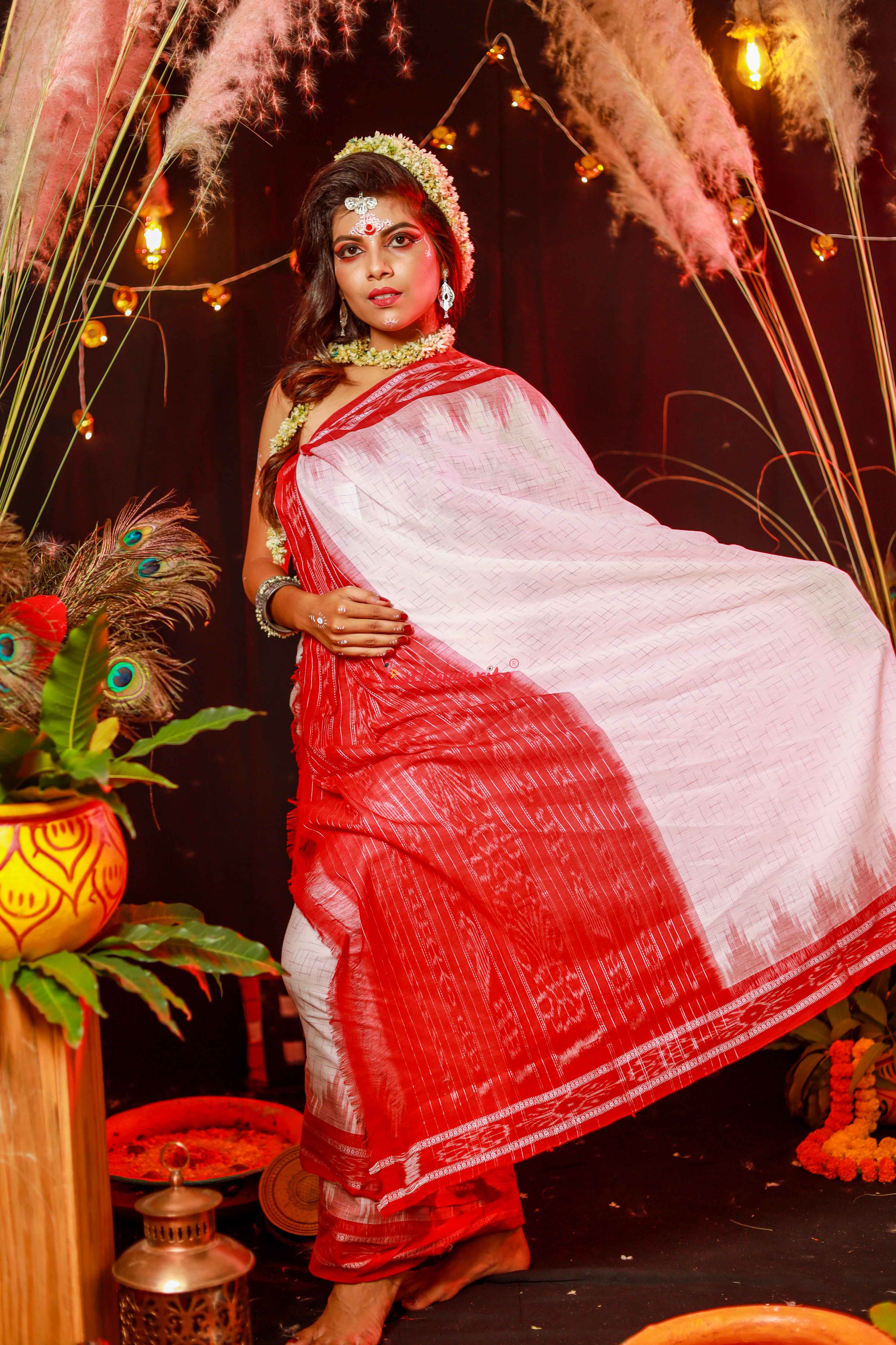 White Red Jharana Saree
