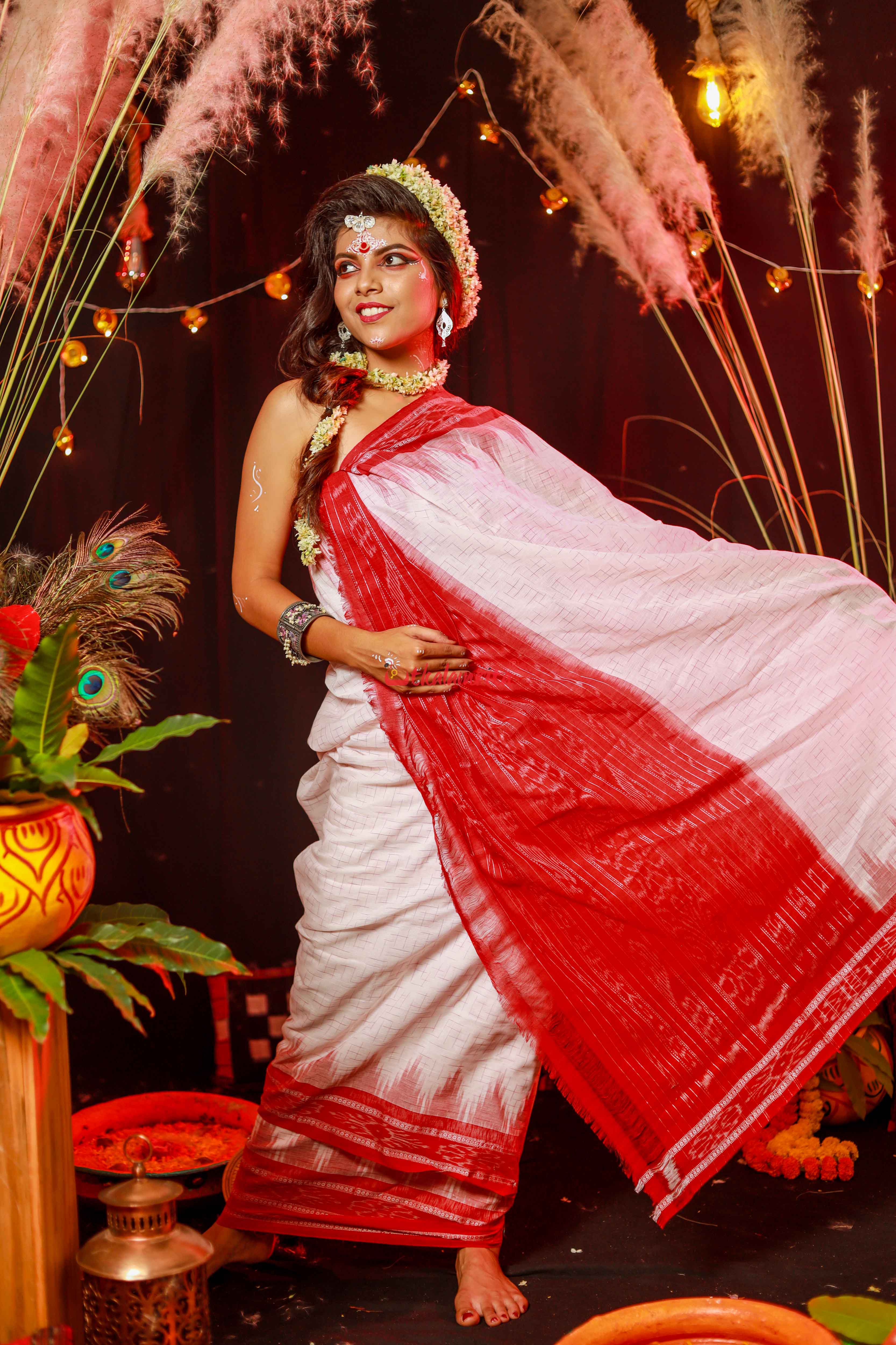 White Red Jharana Saree