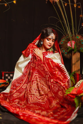 Red Orange Pasapali Khandua Silk Saree