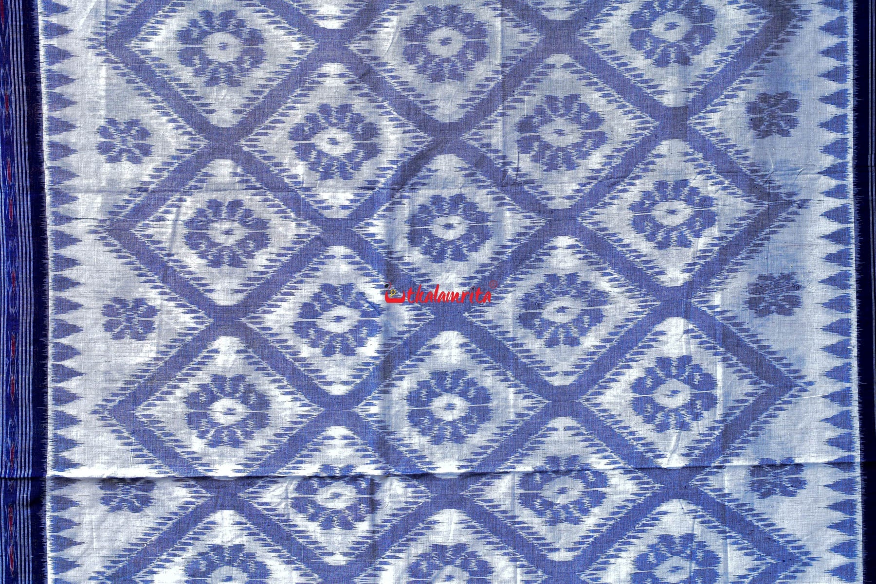 White Blue Bada Phula Cotton Saree