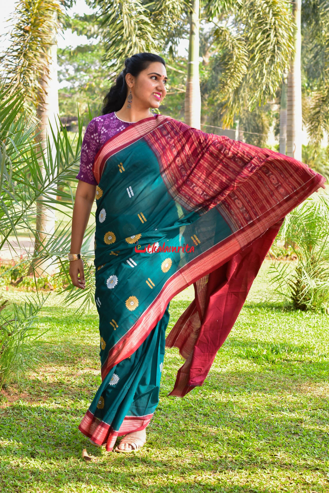 Green Maroon Padam Bomkai Cotton Saree