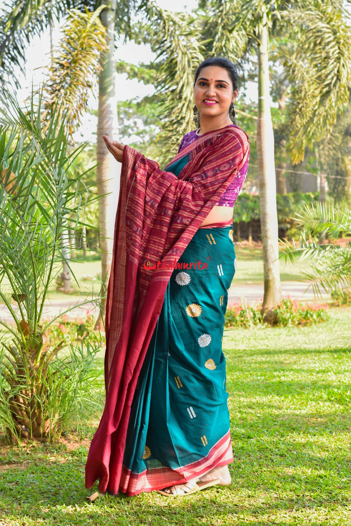 Green Maroon Padam Bomkai Cotton Saree