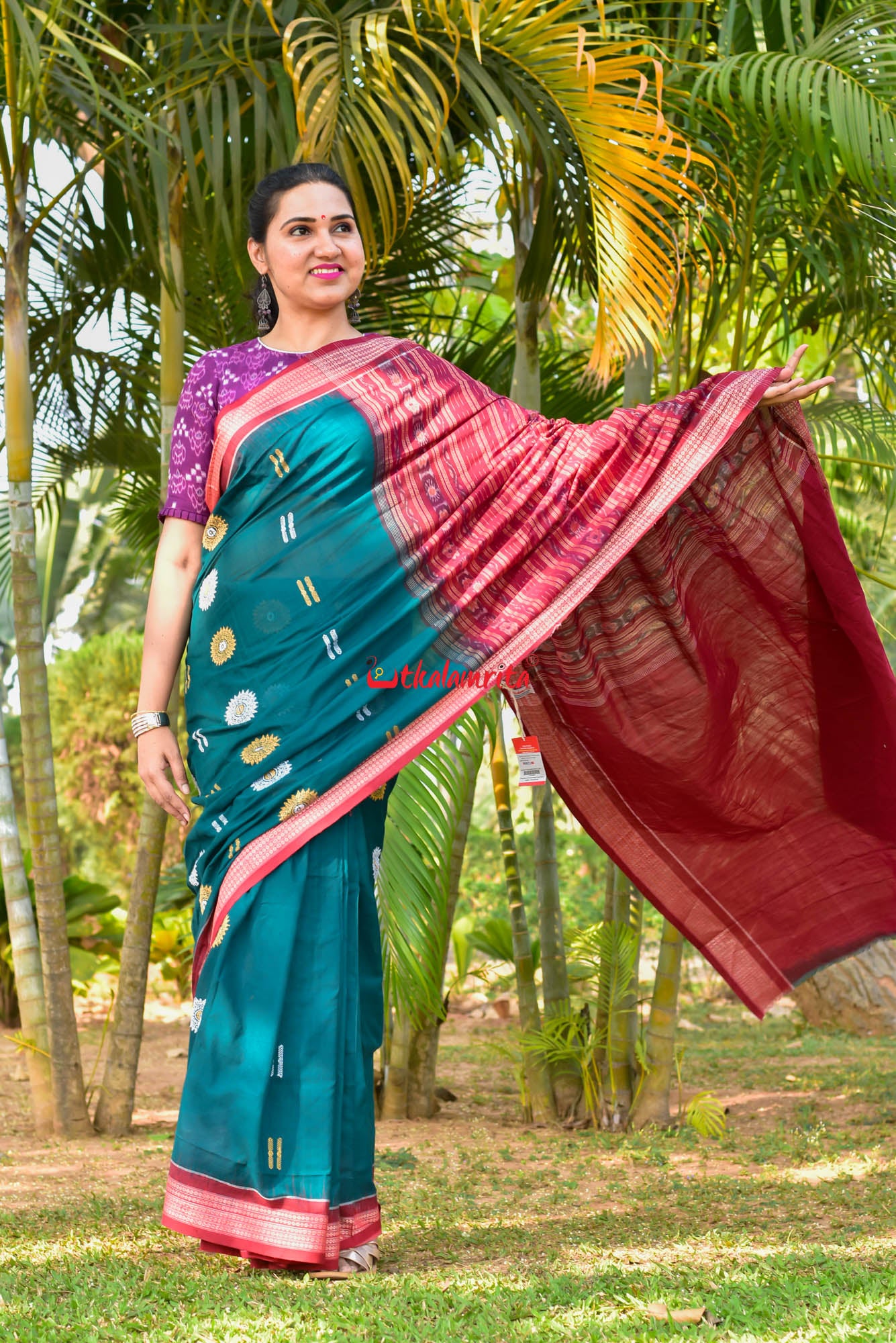 Green Maroon Padam Bomkai Cotton Saree