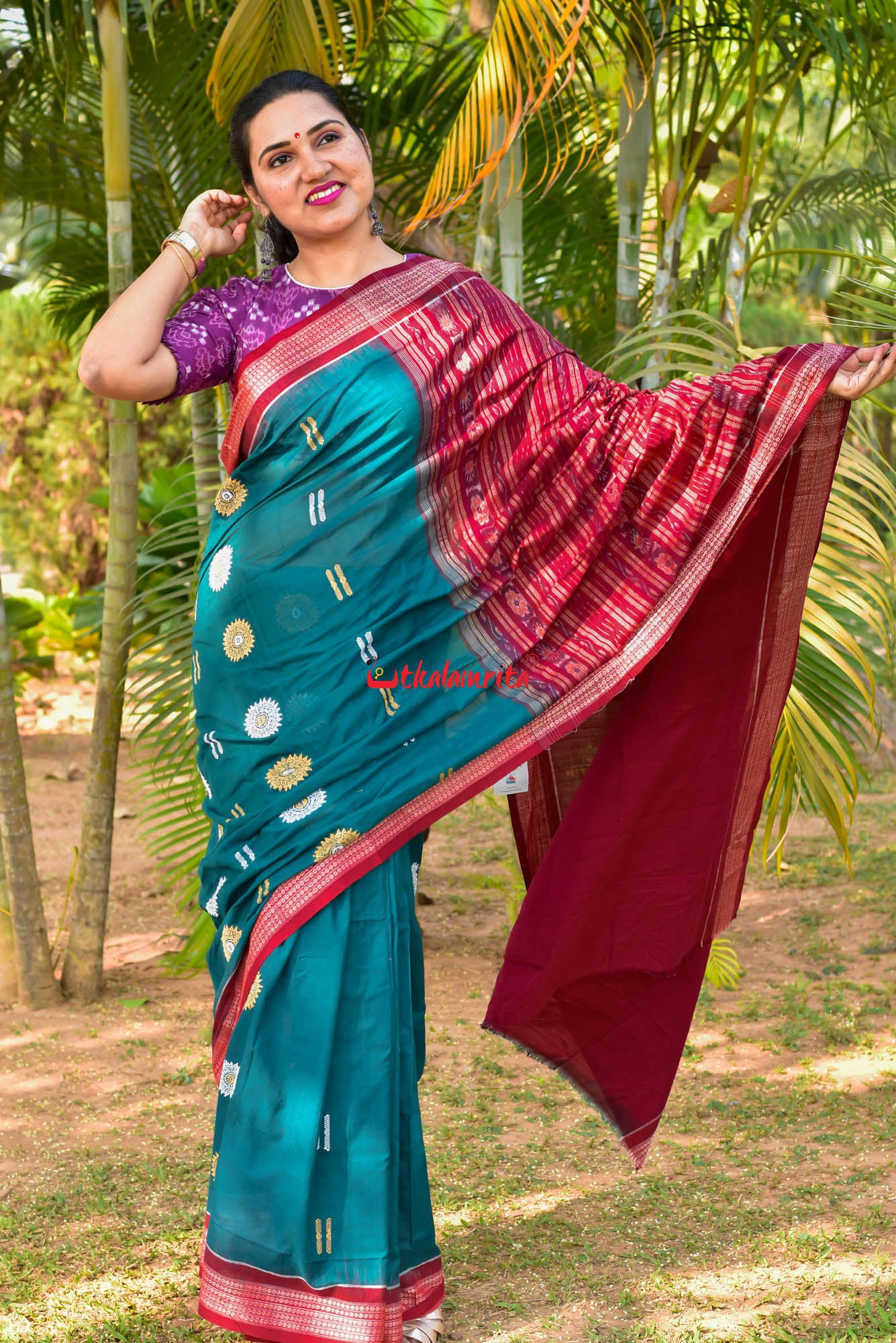 Green Maroon Padam Bomkai Cotton Saree