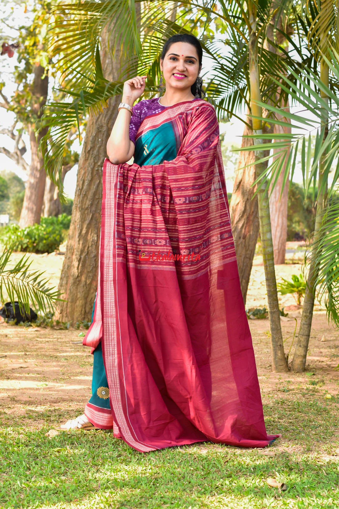 Green Maroon Padam Bomkai Cotton Saree