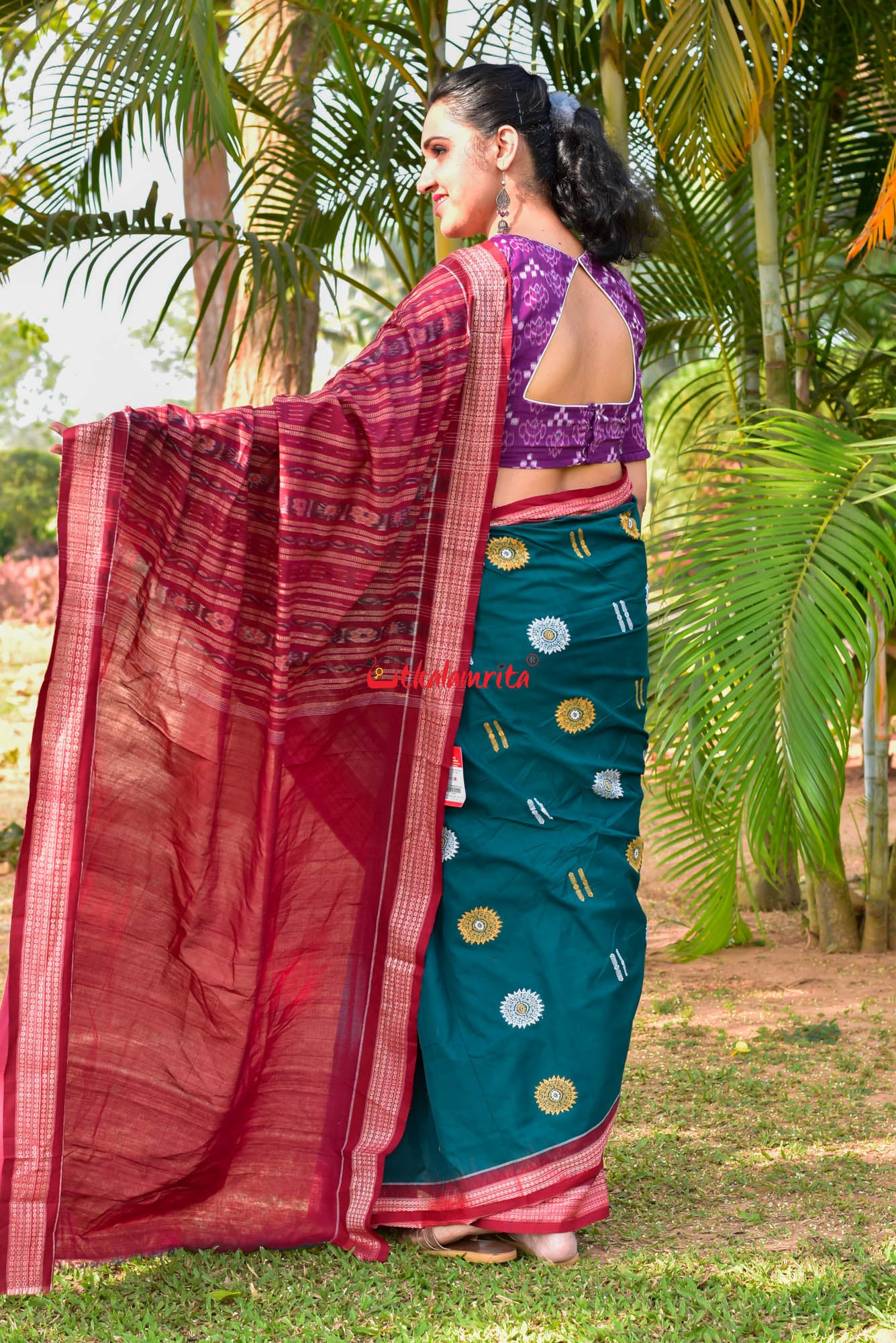 Green Maroon Padam Bomkai Cotton Saree