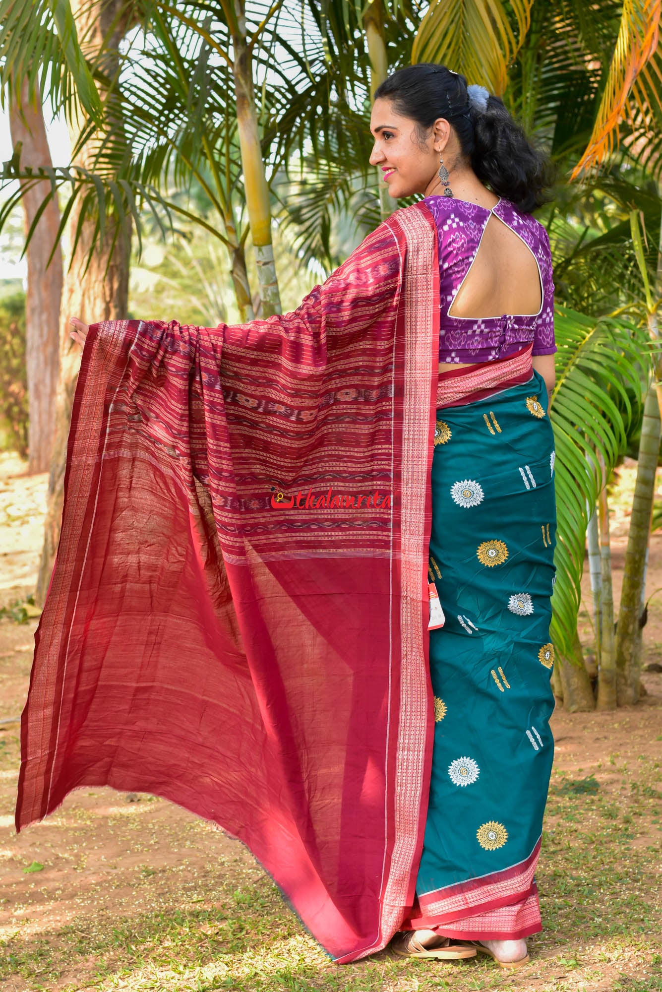 Green Maroon Padam Bomkai Cotton Saree