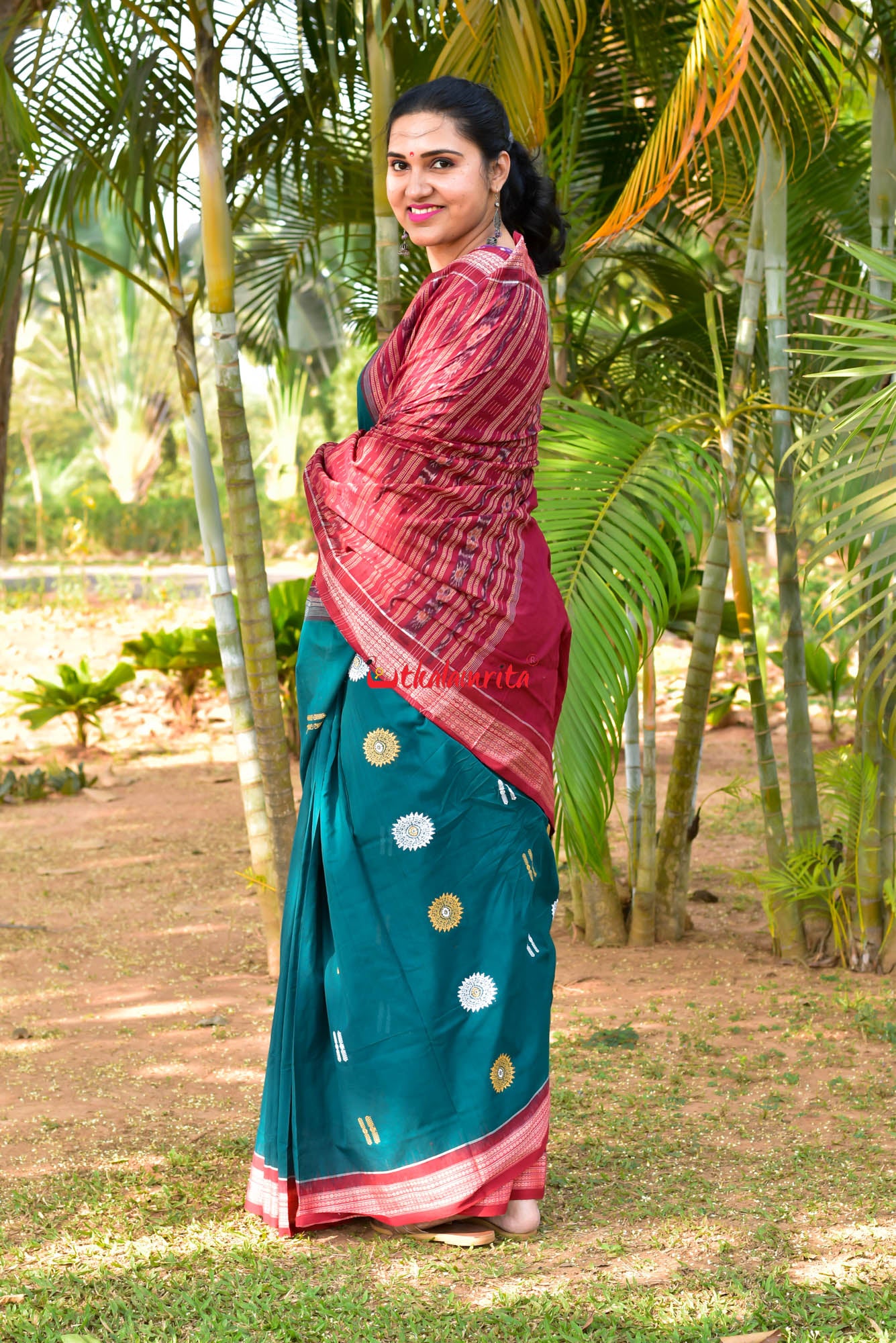 Green Maroon Padam Bomkai Cotton Saree