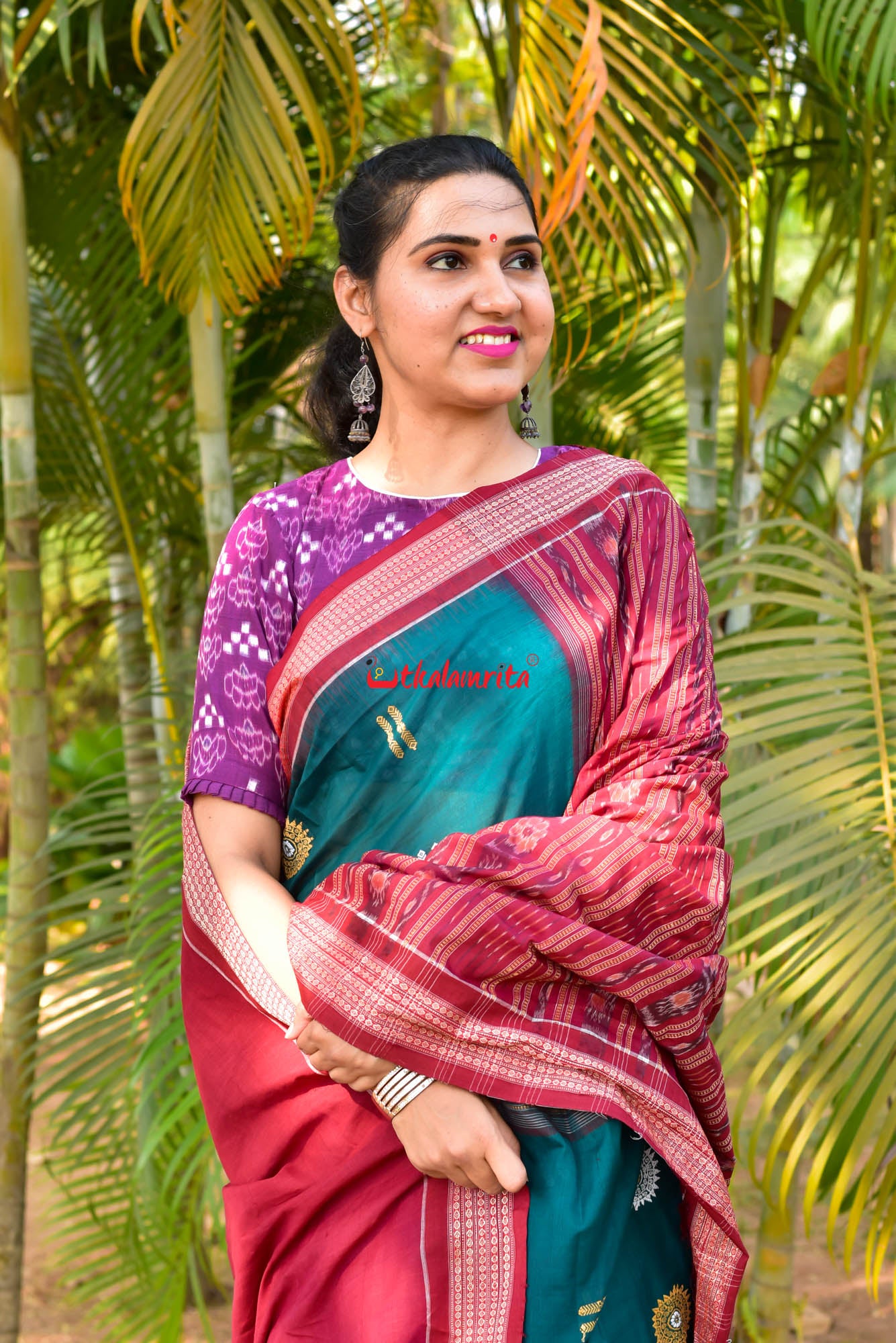 Green Maroon Padam Bomkai Cotton Saree