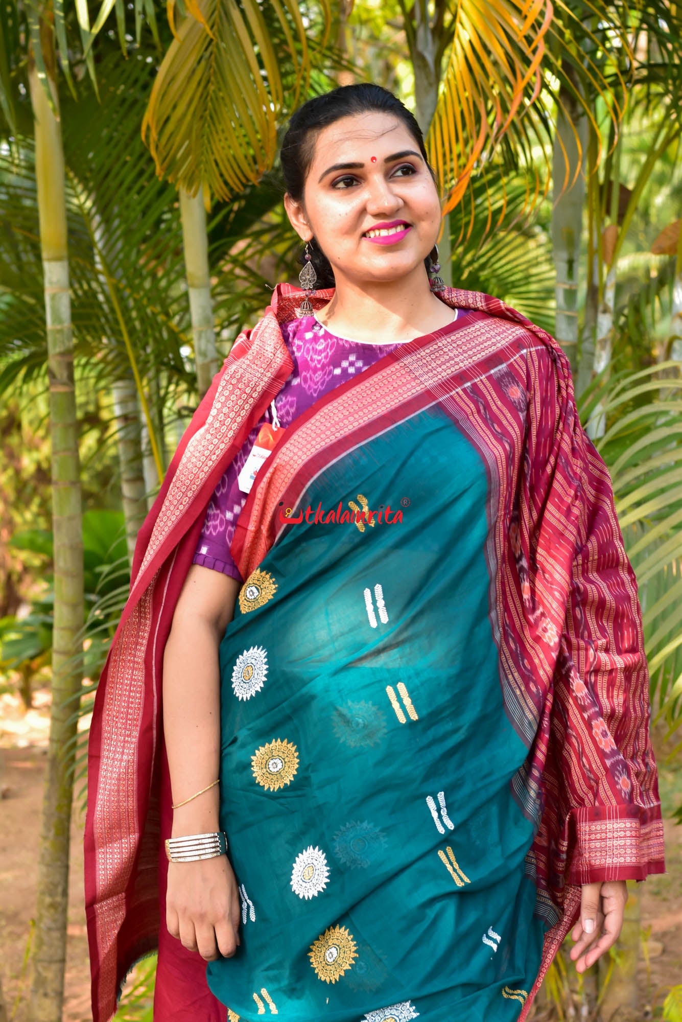 Green Maroon Padam Bomkai Cotton Saree