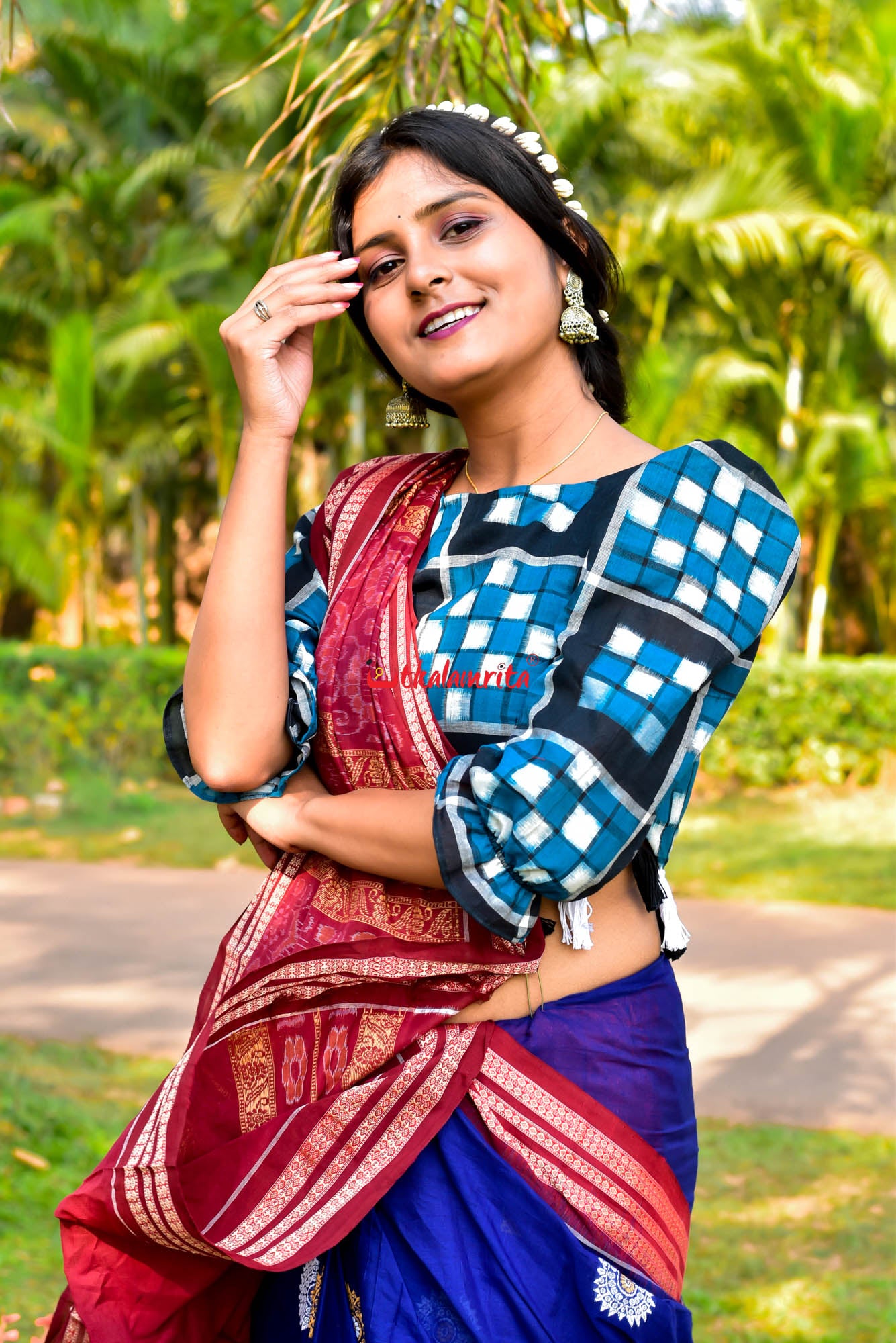 Blue Maroon Padam Bomkai Cotton Saree