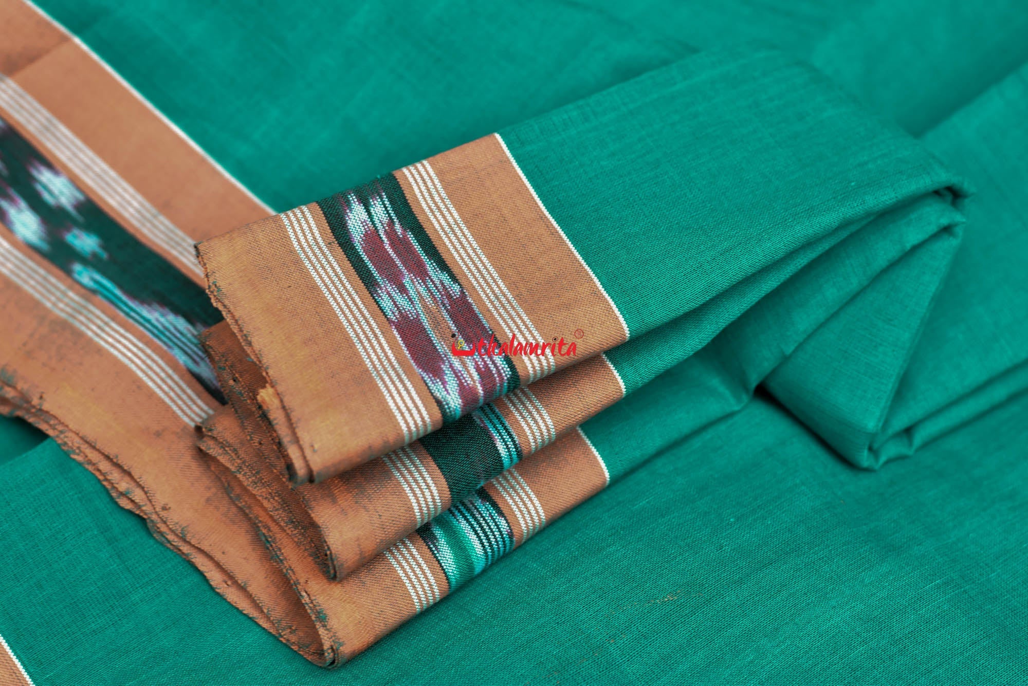 Teal Green Yellow Pittala Single Cotton Saree