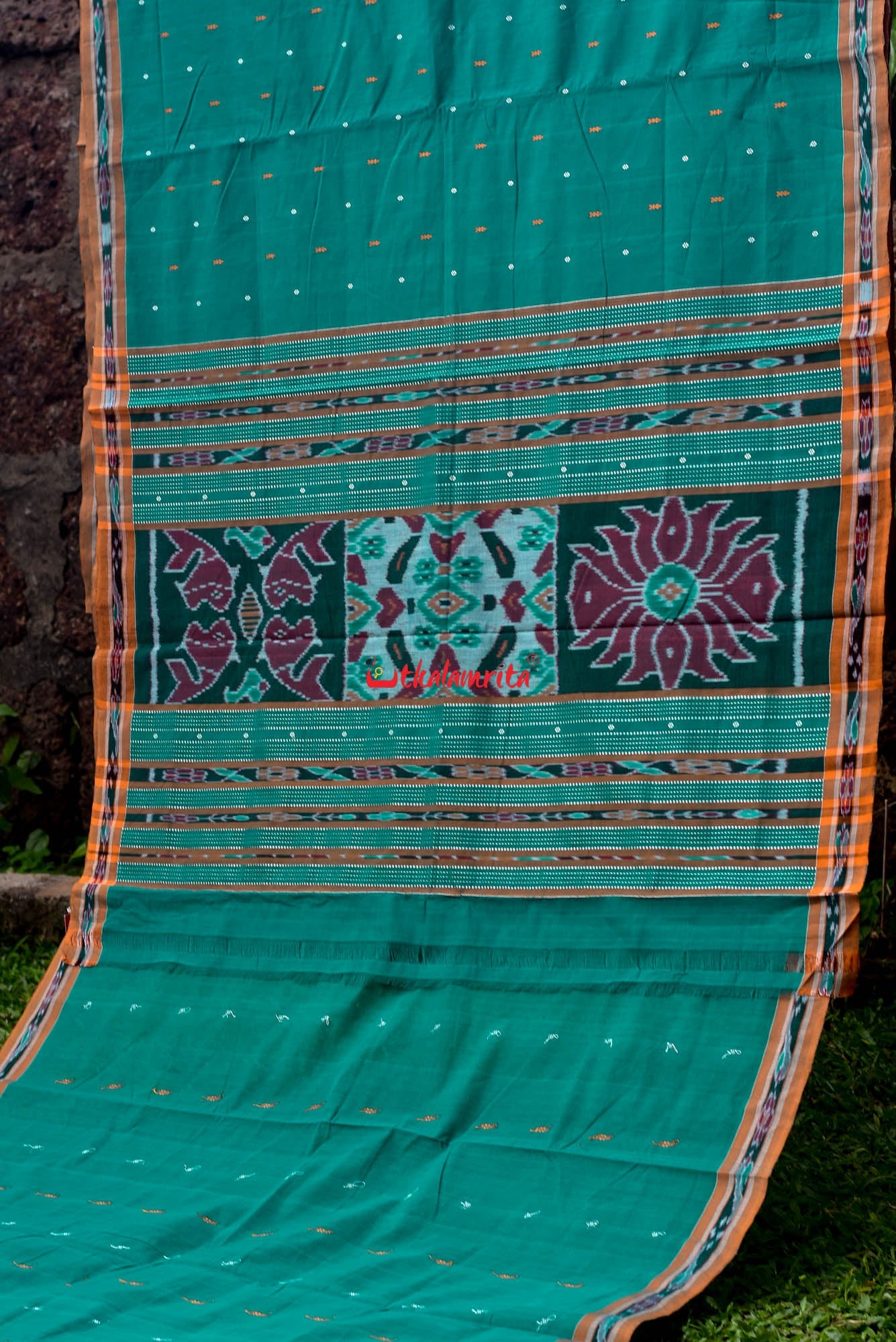 Teal Green Yellow Pittala Single Cotton Saree