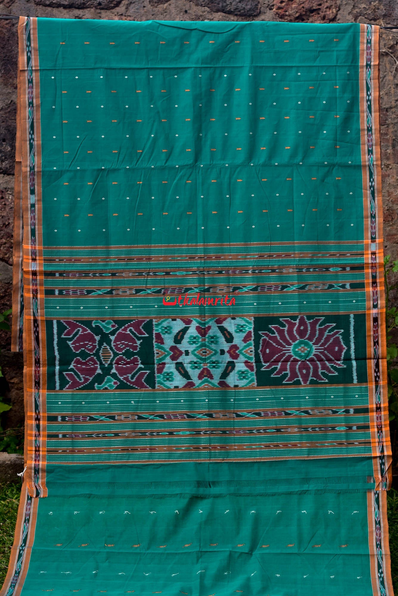 Teal Green Yellow Pittala Single Cotton Saree