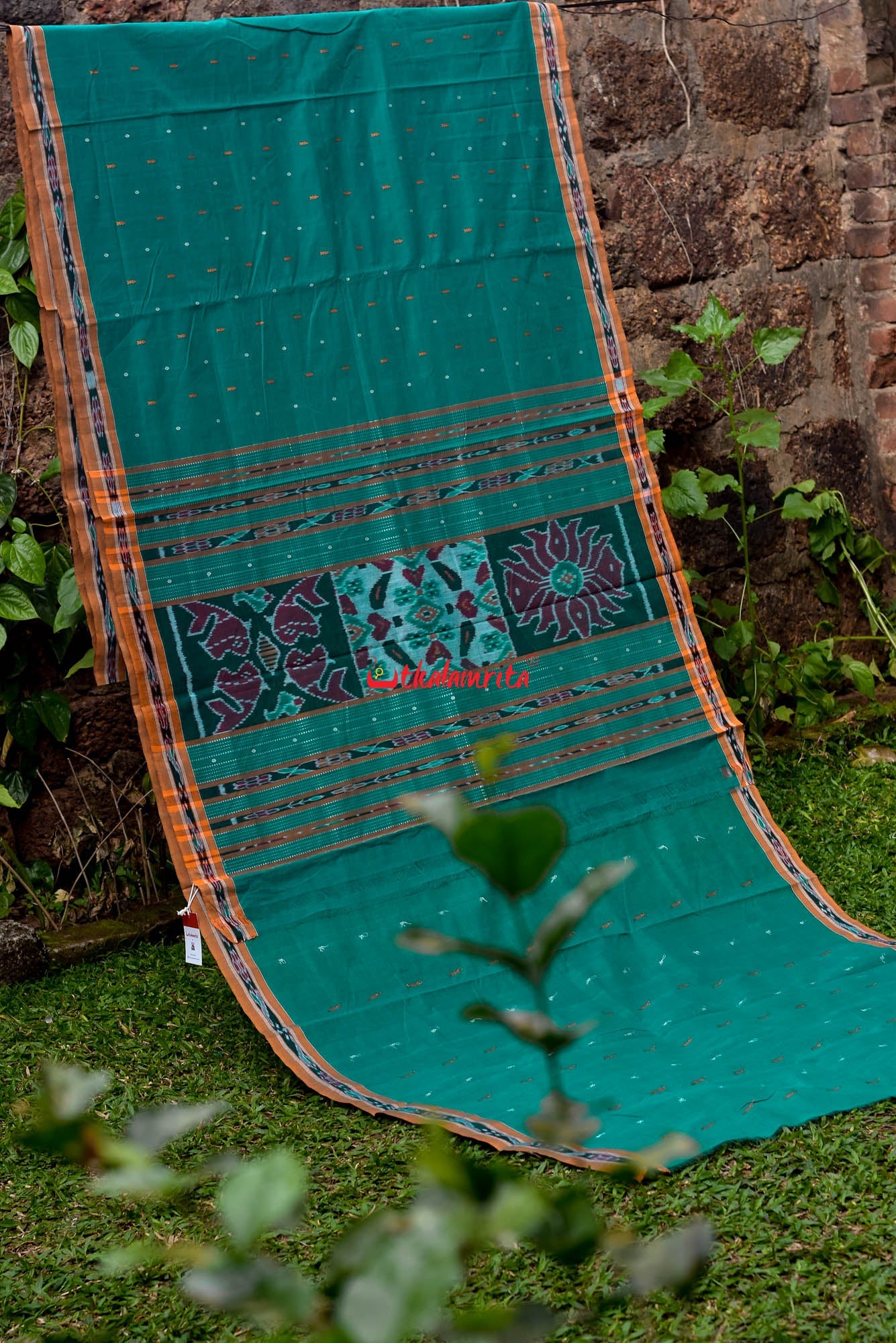 Teal Green Yellow Pittala Single Cotton Saree