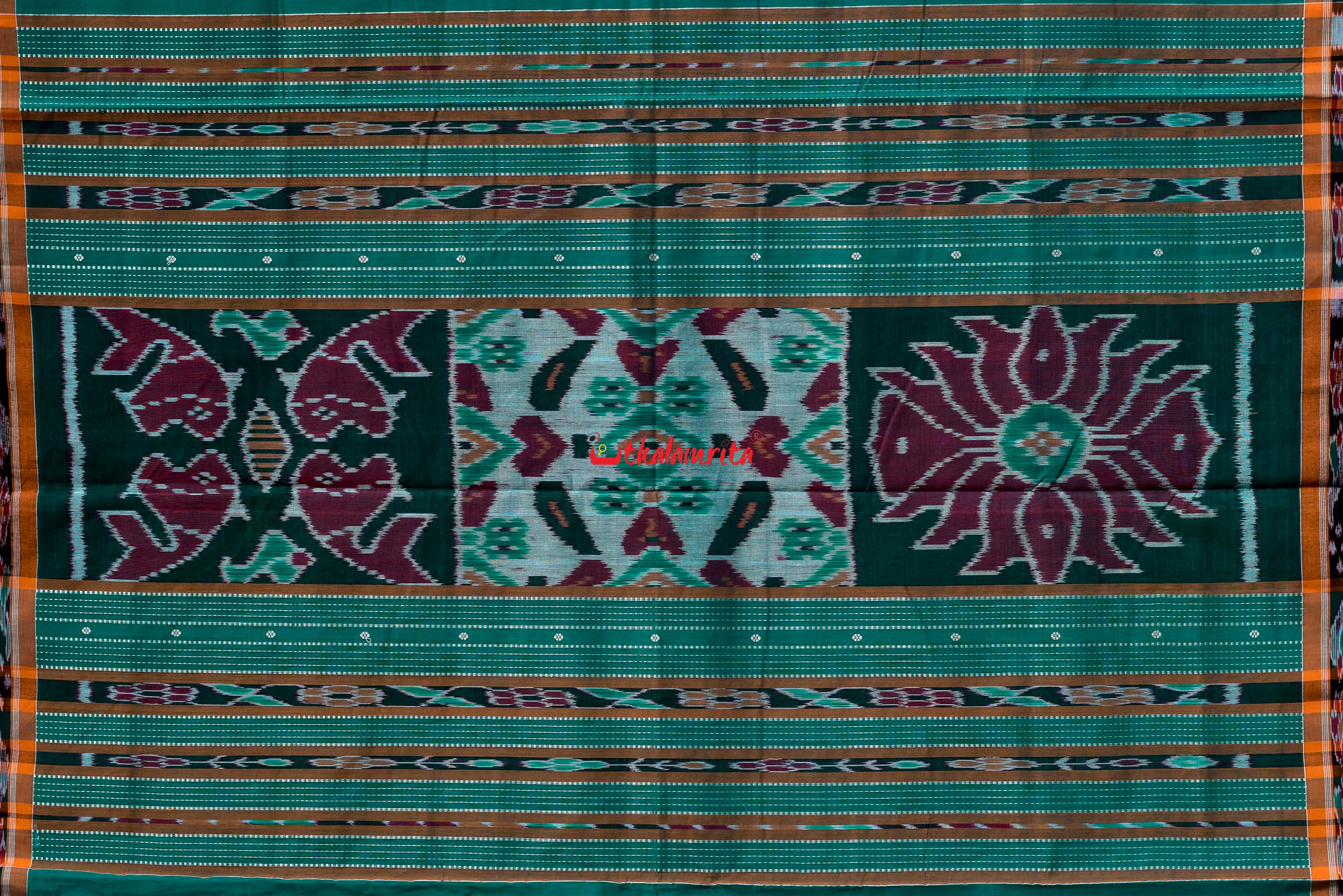 Teal Green Yellow Pittala Single Cotton Saree