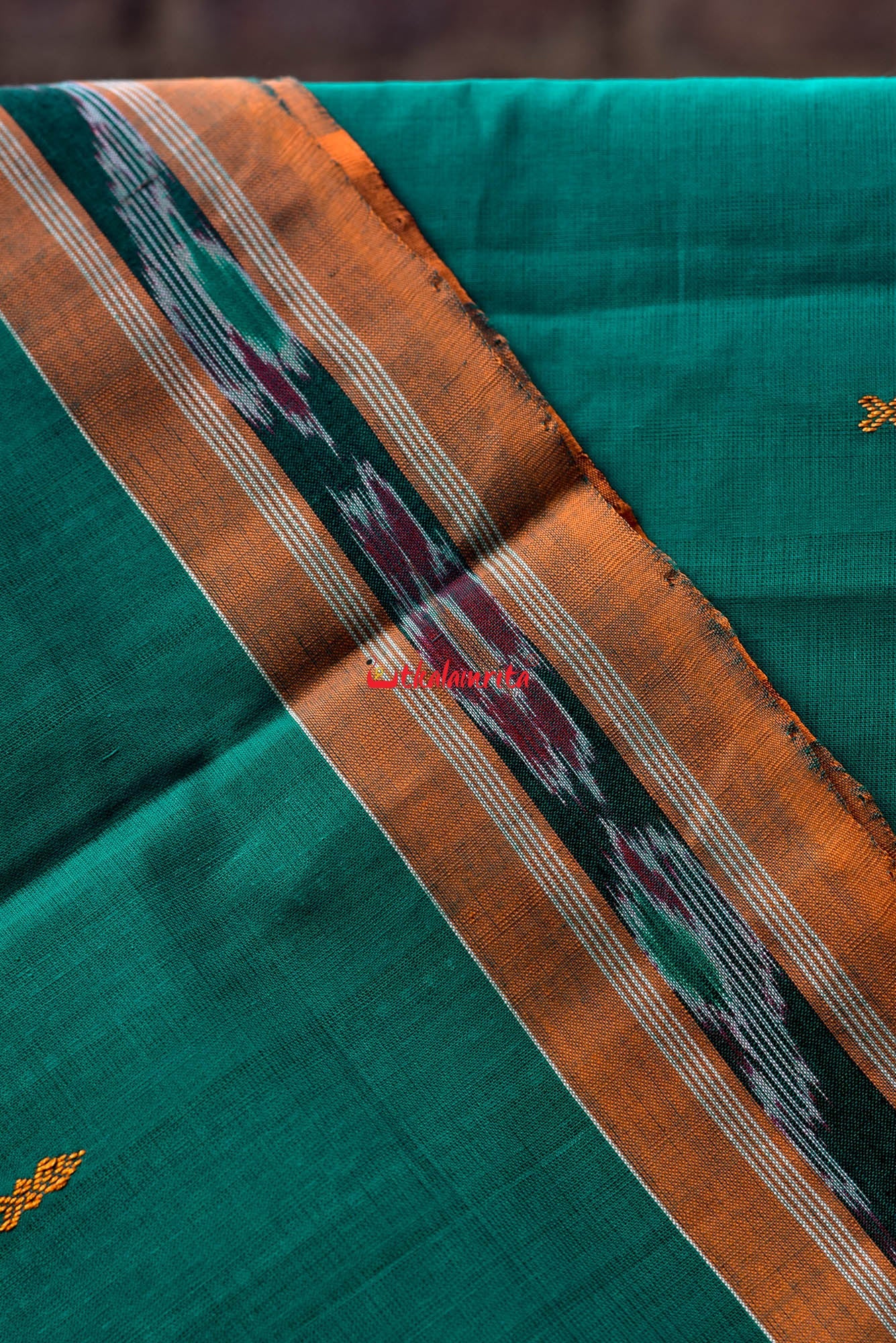 Teal Green Yellow Pittala Single Cotton Saree
