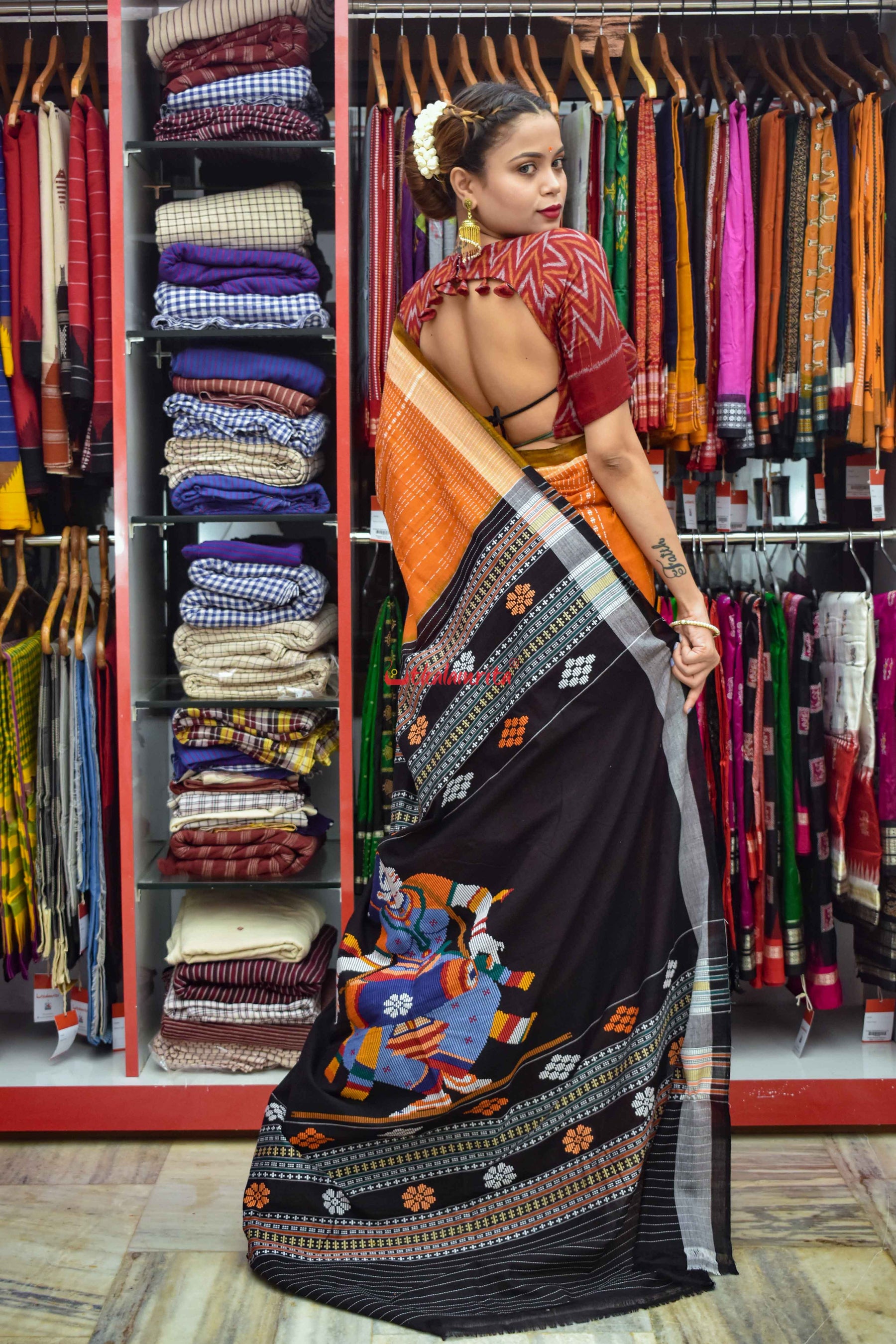 Rust Nartaki Dhalapathar Cotton Saree