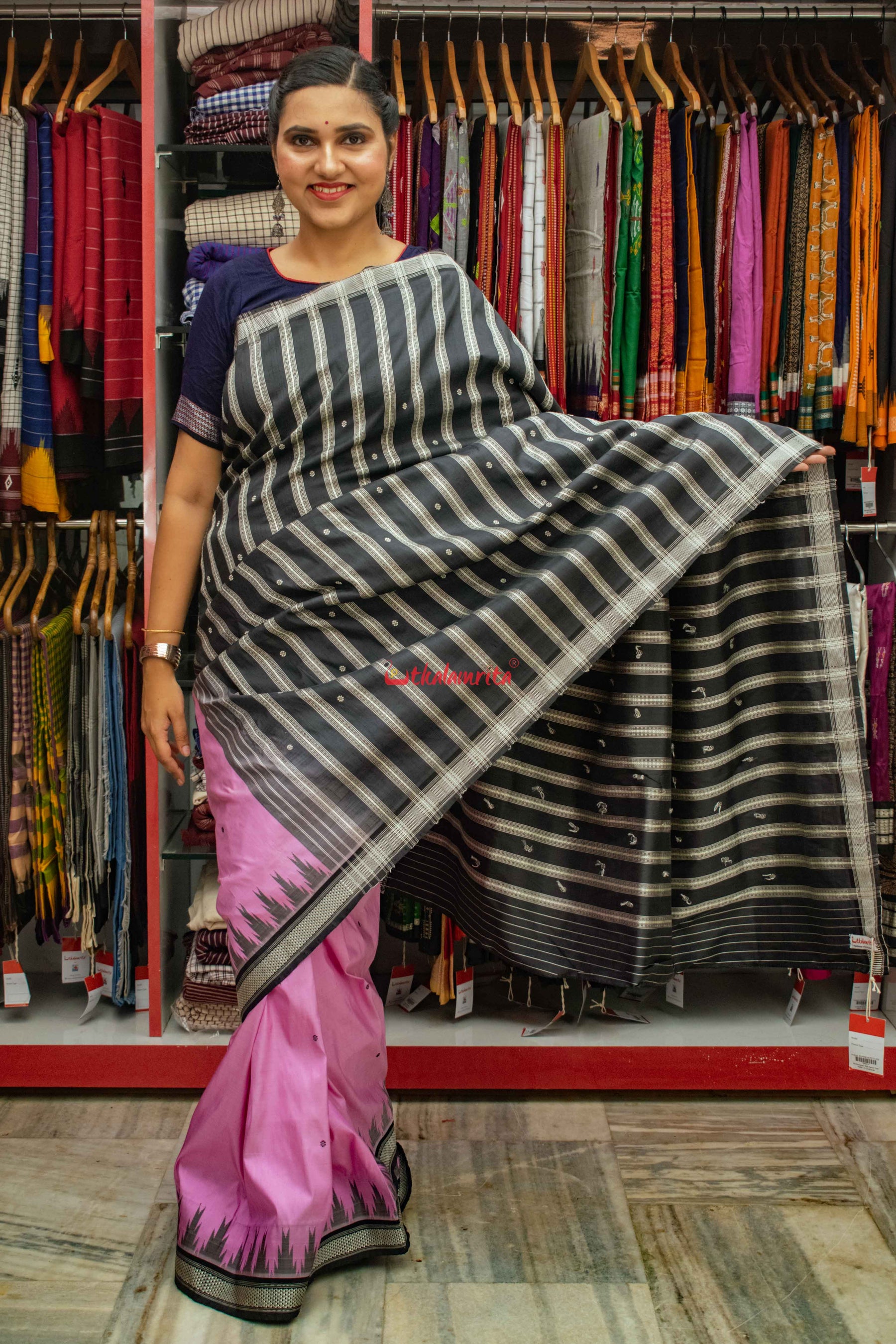 Pink Double Anchal Berhampuri Silk Saree