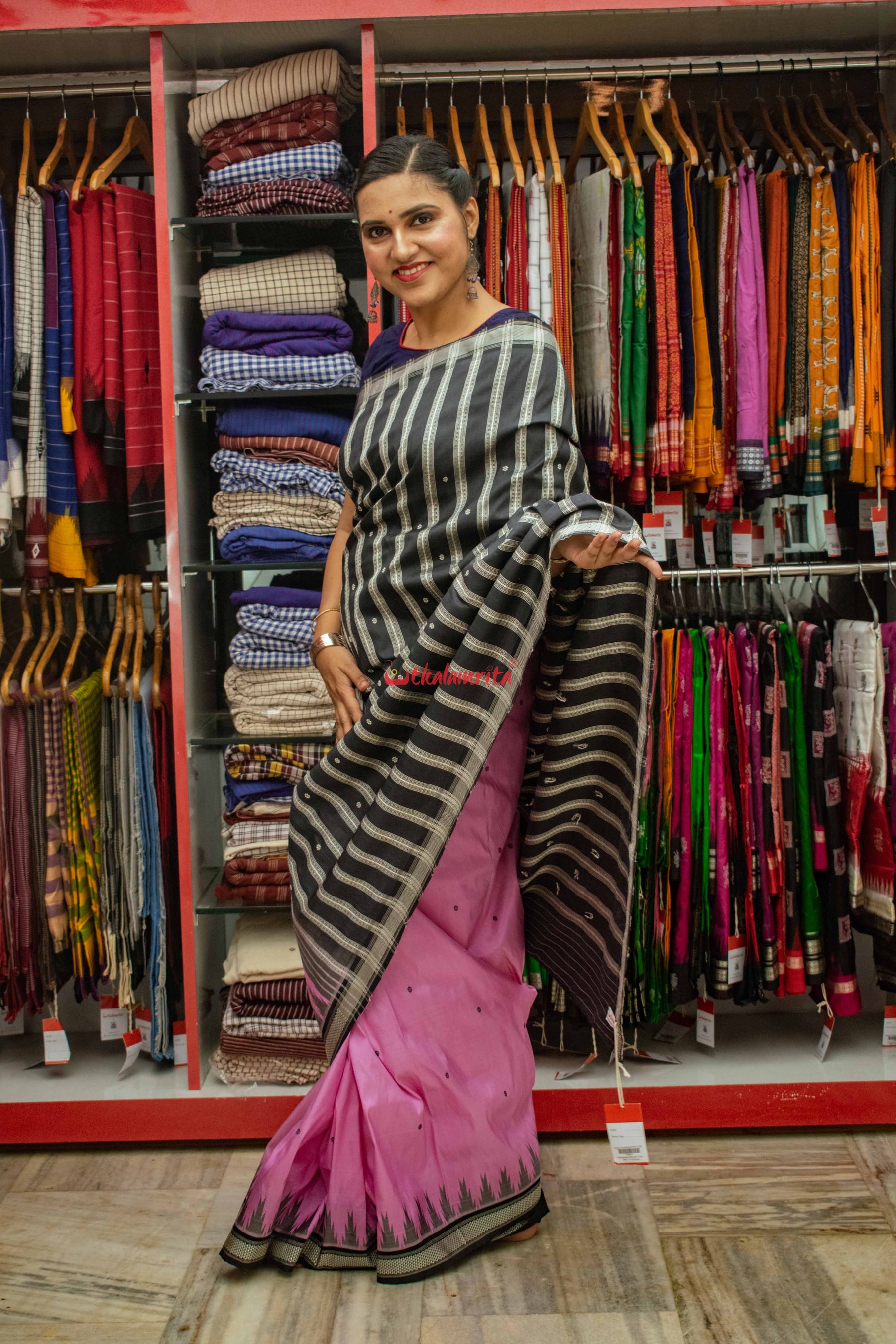 Pink Double Anchal Berhampuri Silk Saree