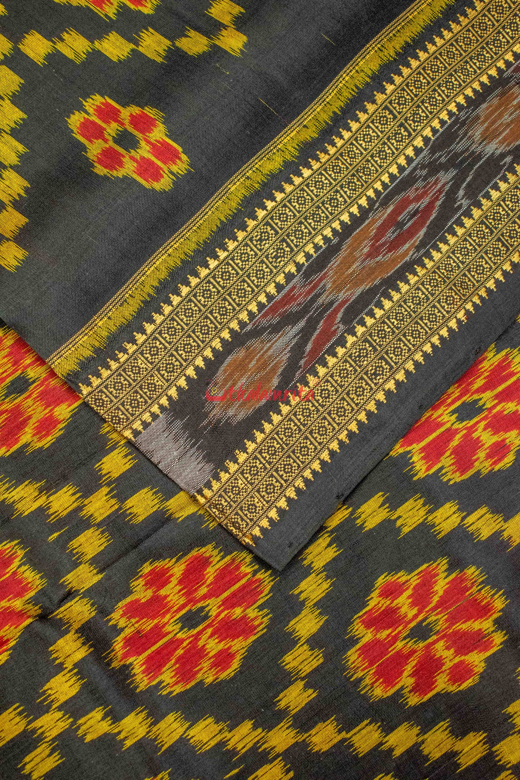 Black Red Flowers Khandua Silk Saree