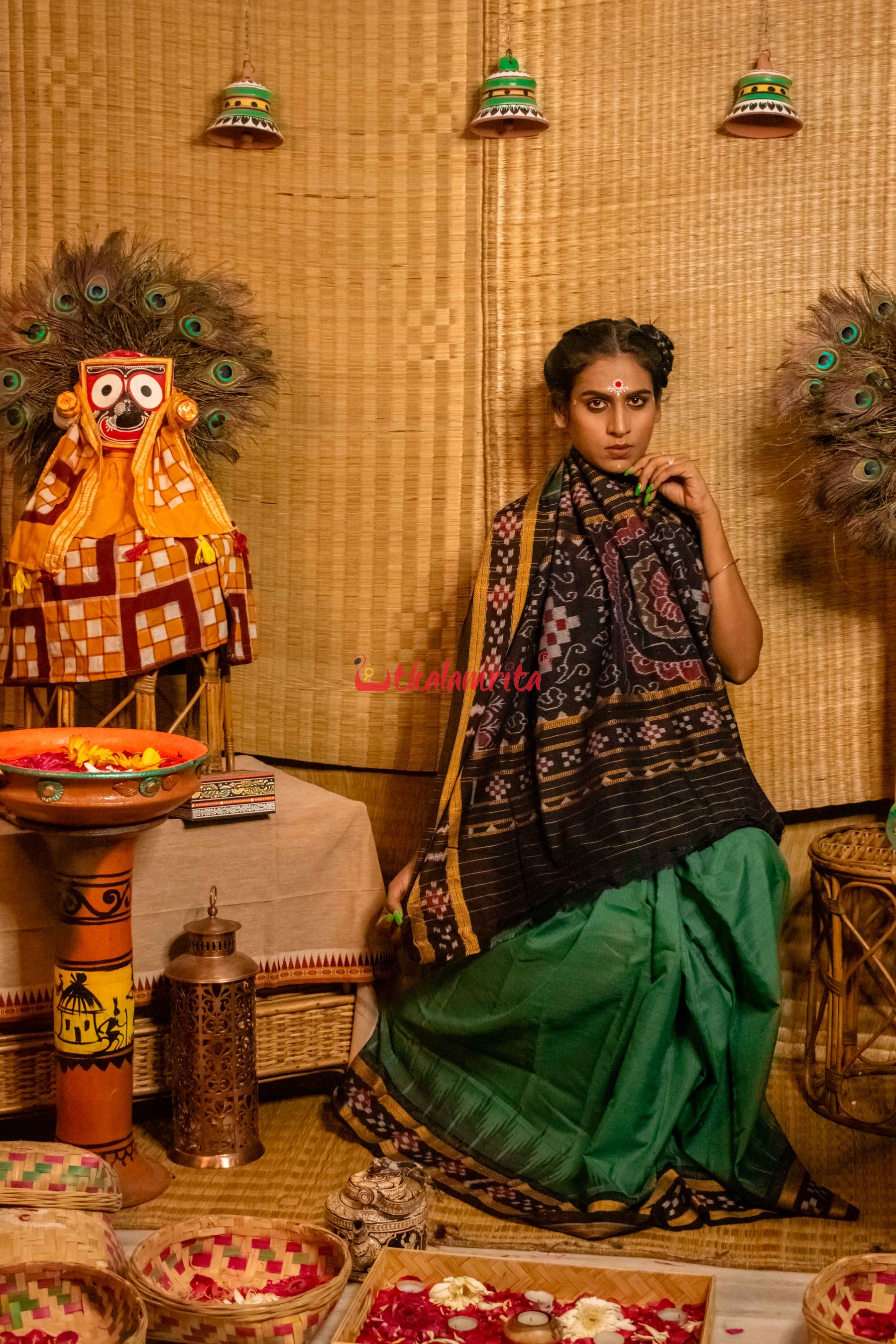 Olive Pasapali Border Khandua Cotton Saree