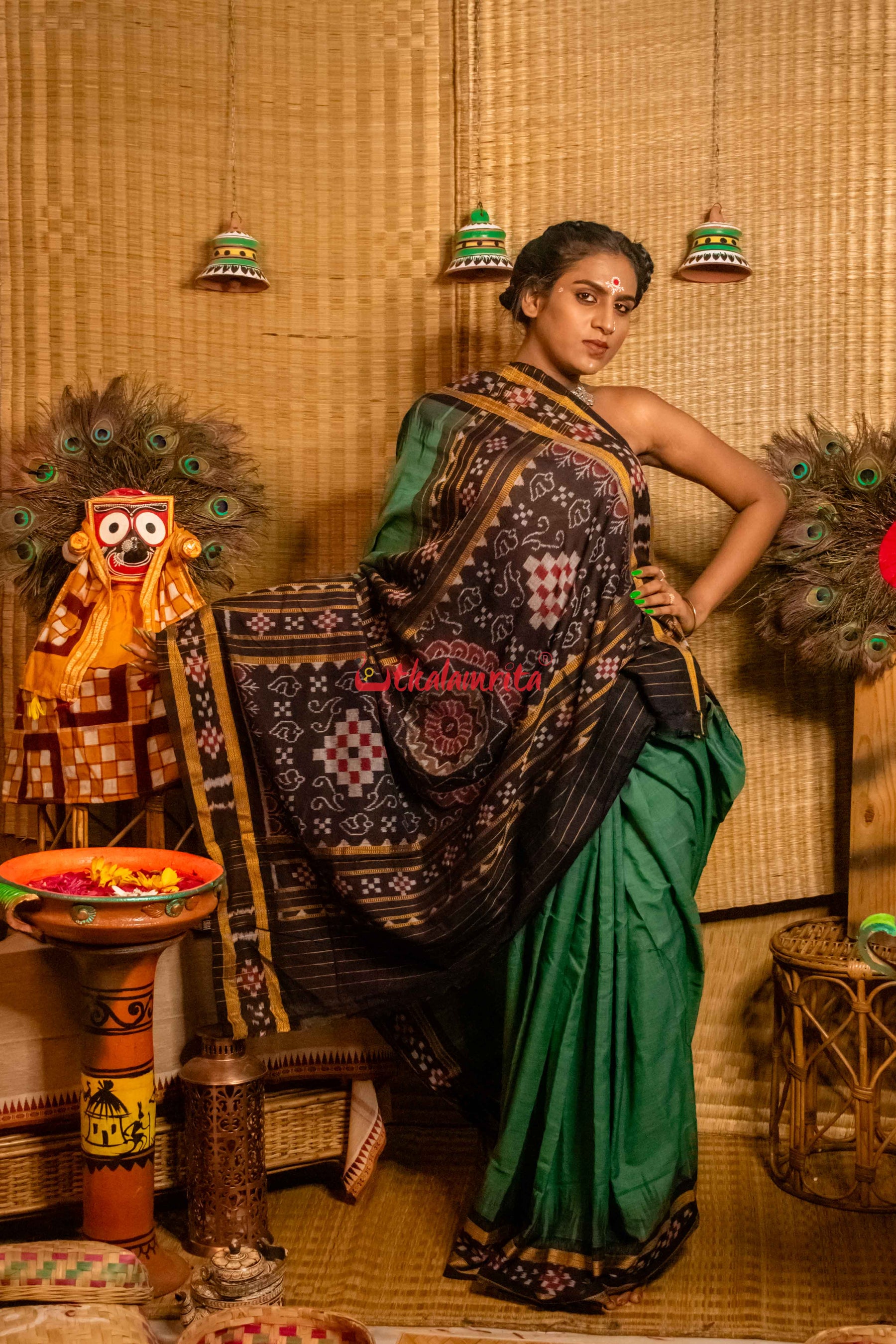 Olive Pasapali Border Khandua Cotton Saree