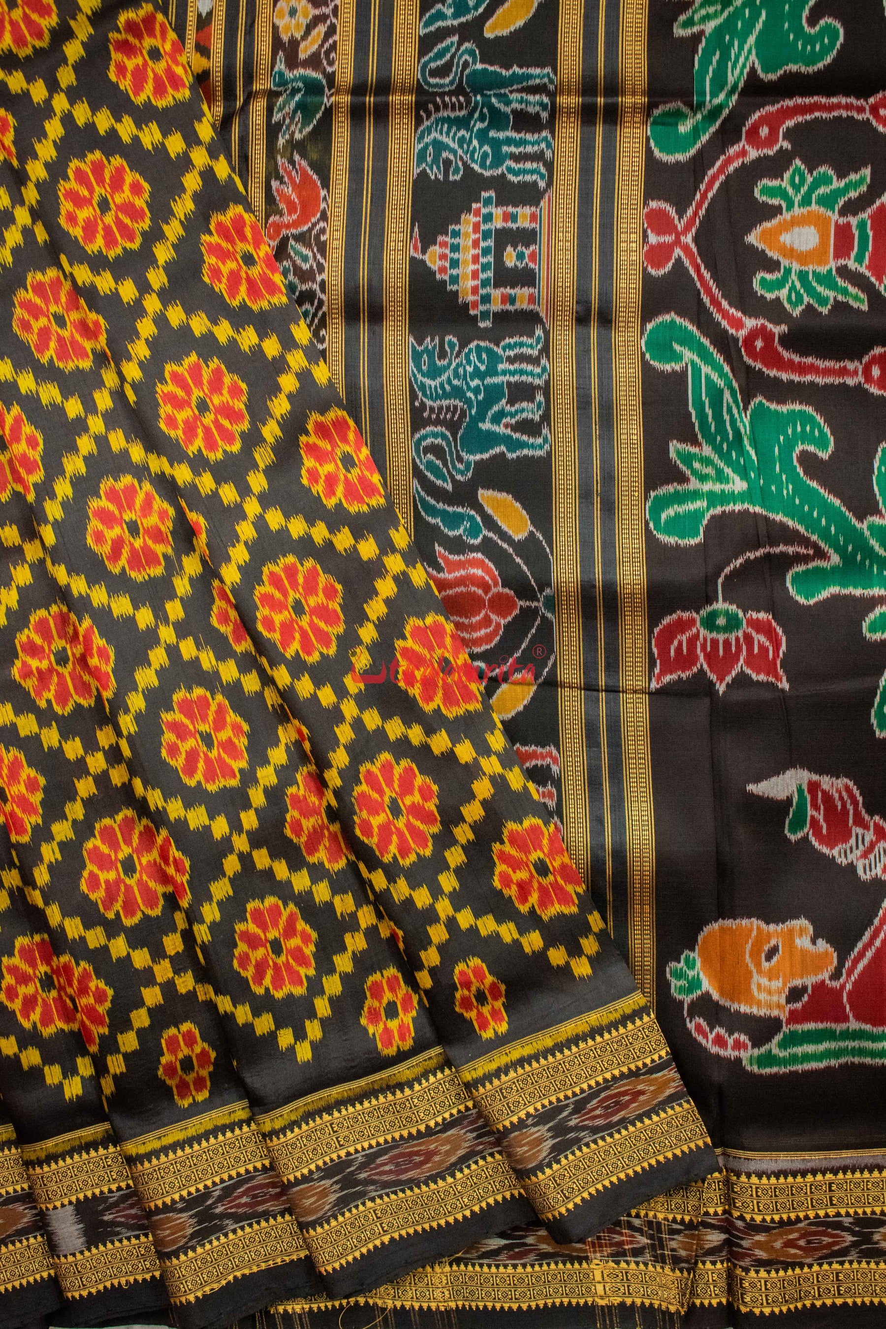 Black Red Flowers Khandua Silk Saree