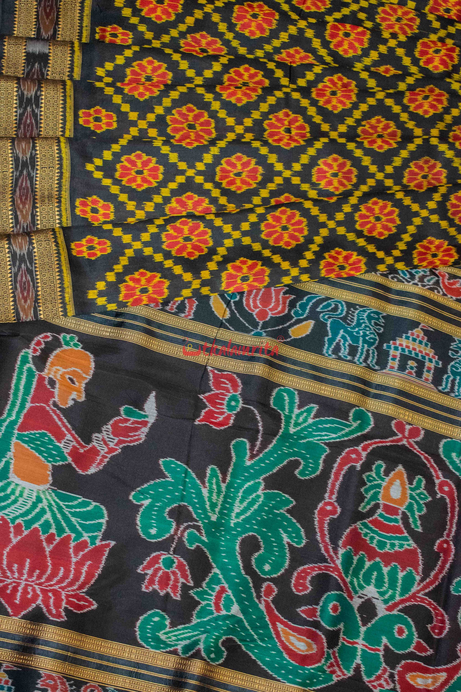 Black Red Flowers Khandua Silk Saree
