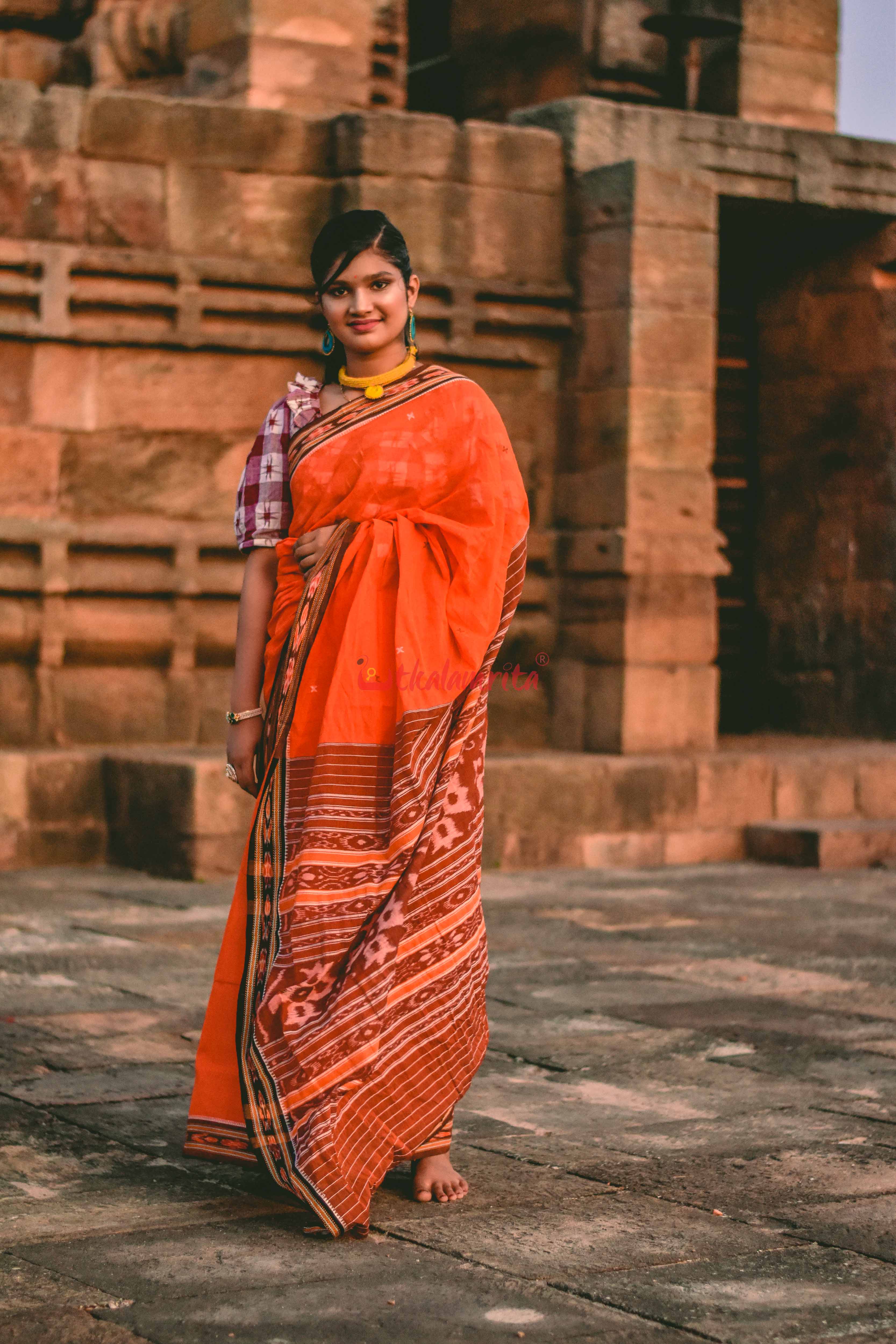 Orange Cross Single Cotton Saree