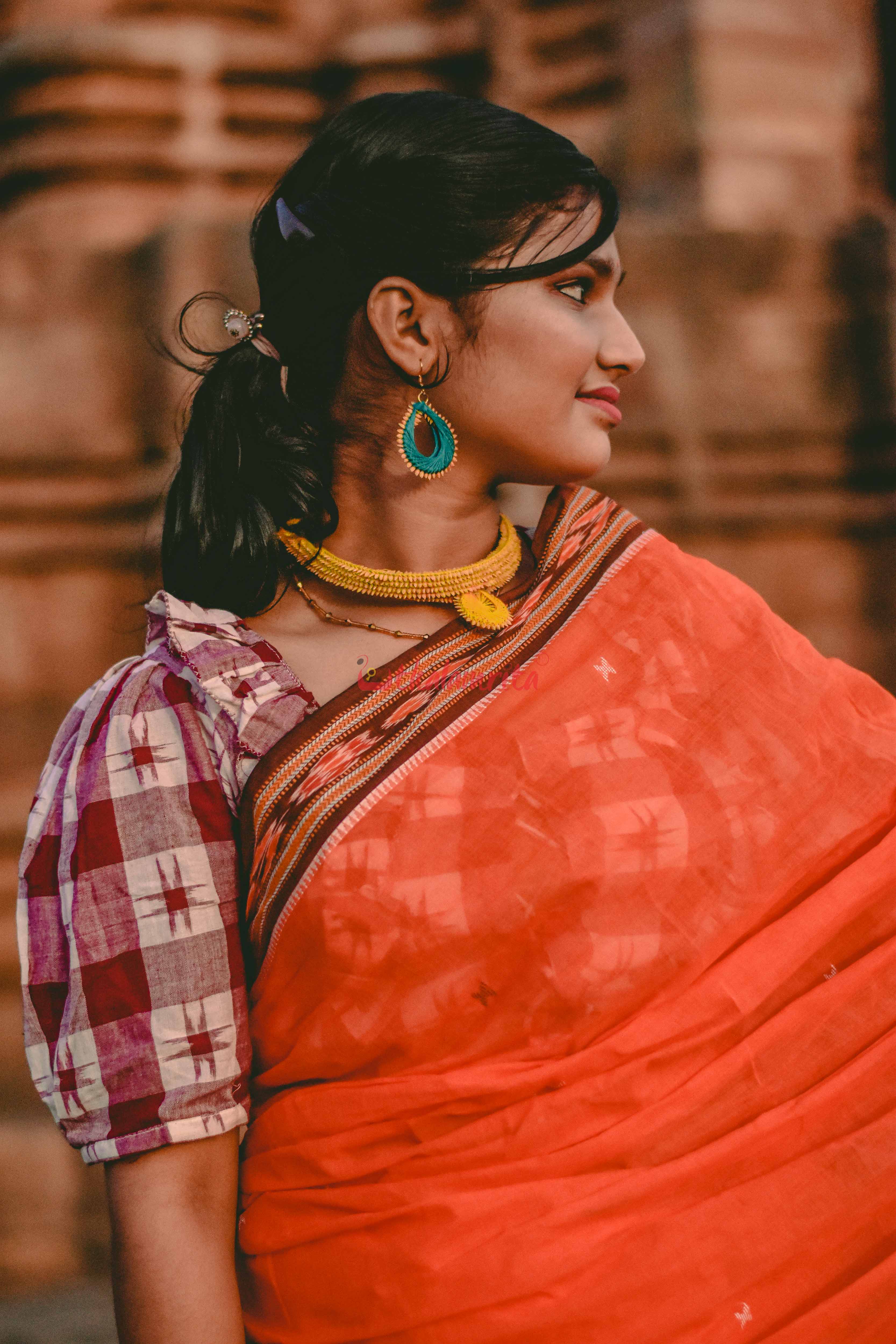 Orange Cross Single Cotton Saree