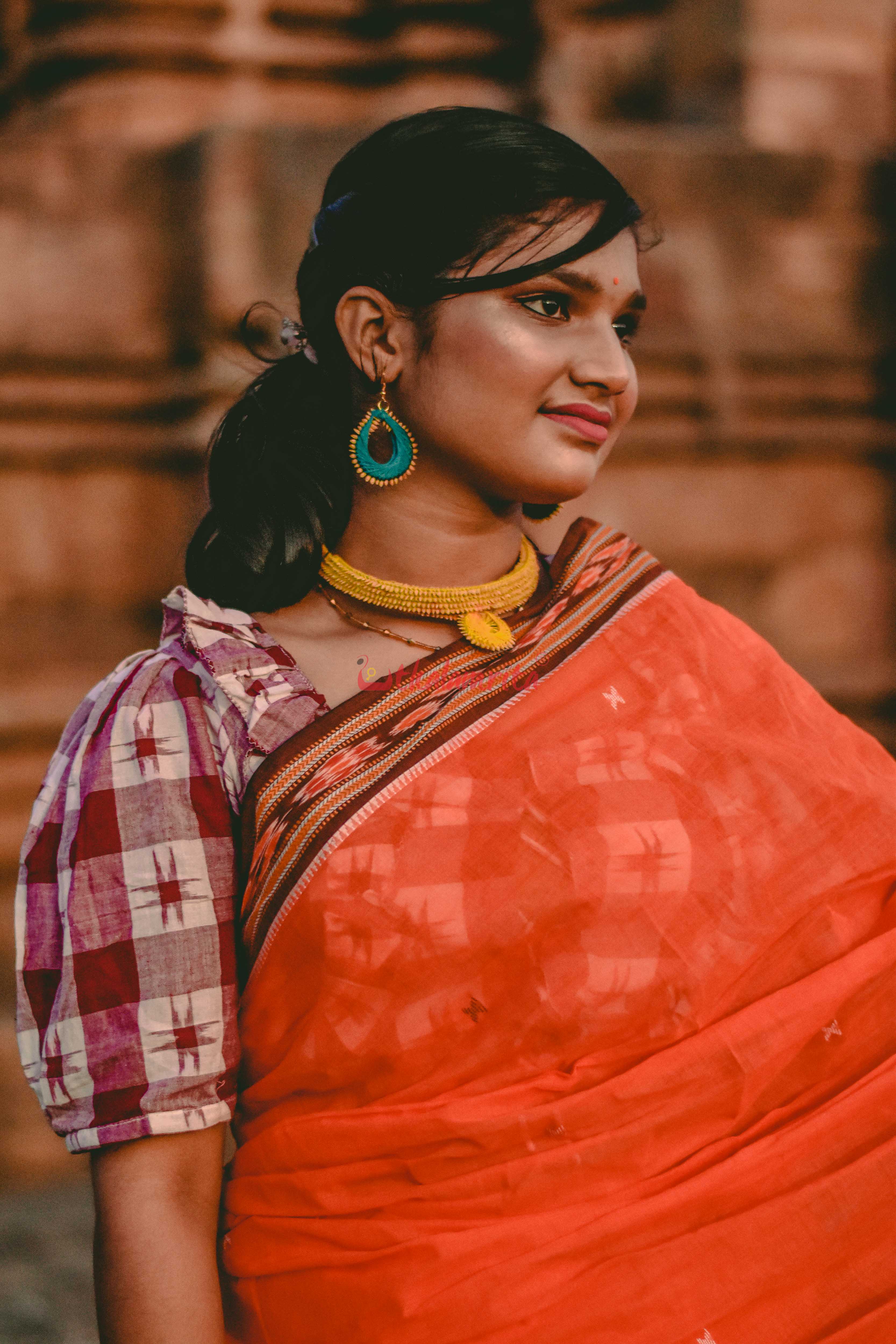 Orange Cross Single Cotton Saree