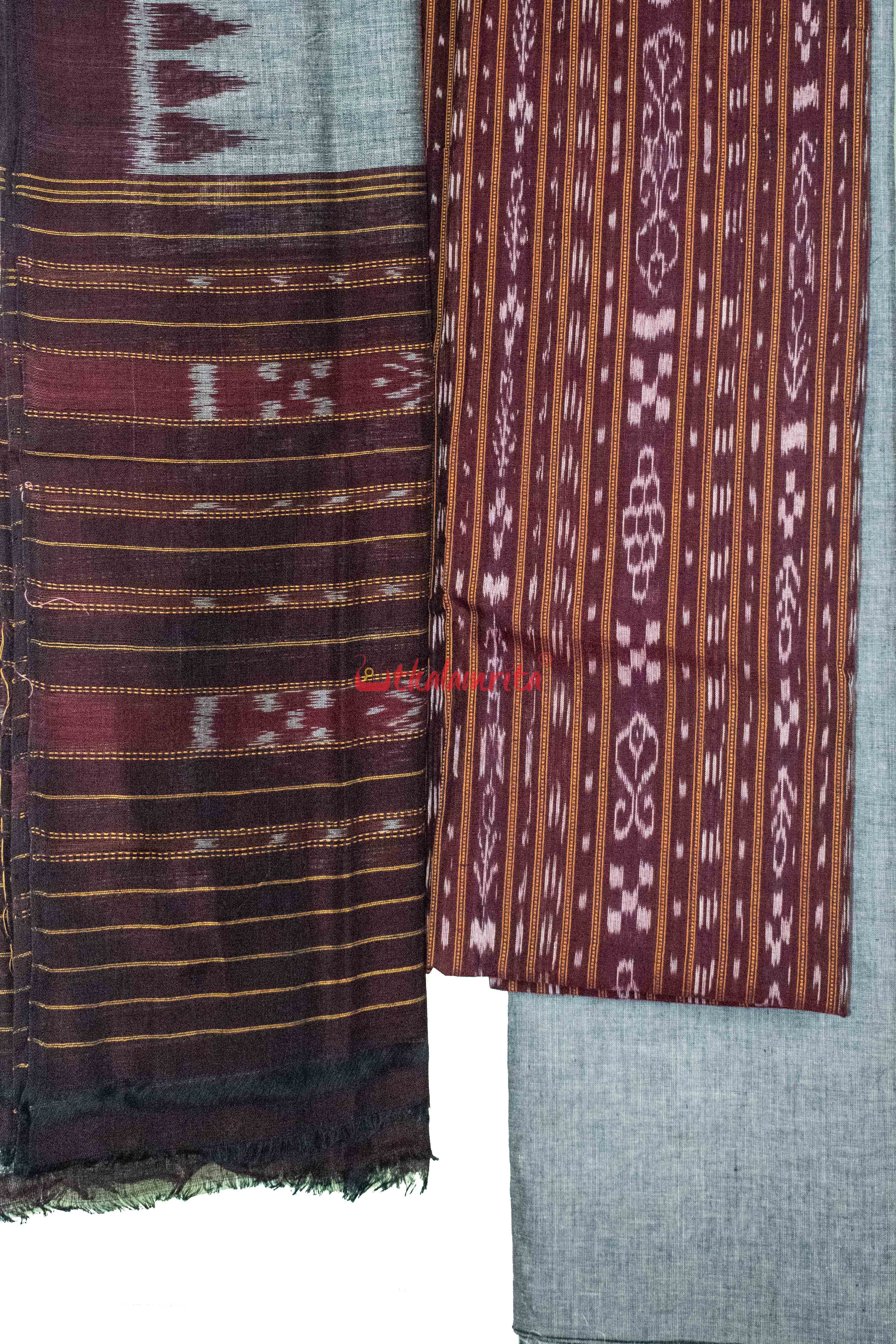 Maroon Grey Ikat Dress Set