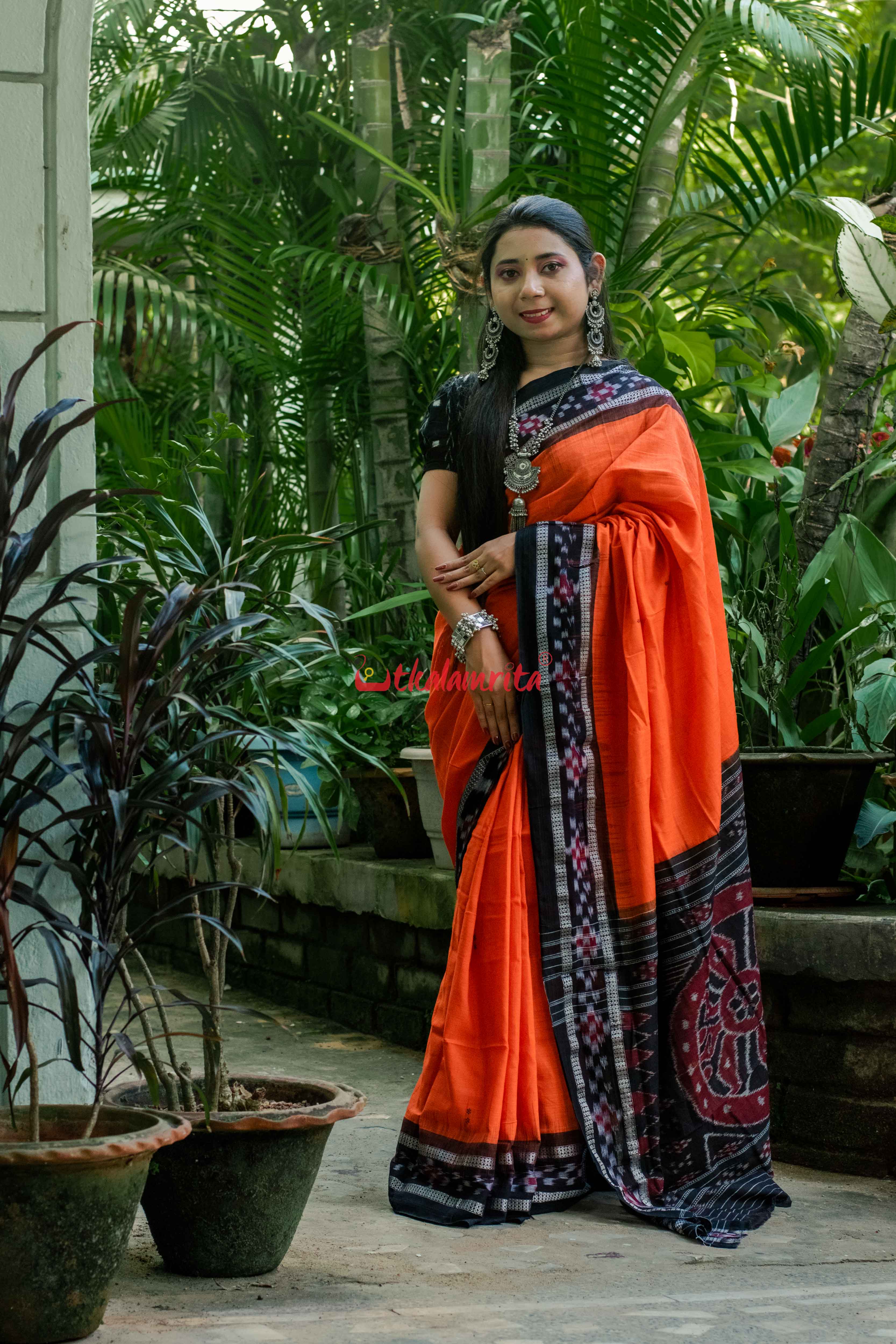 Orange Rekha Buti Khandua Cotton Saree