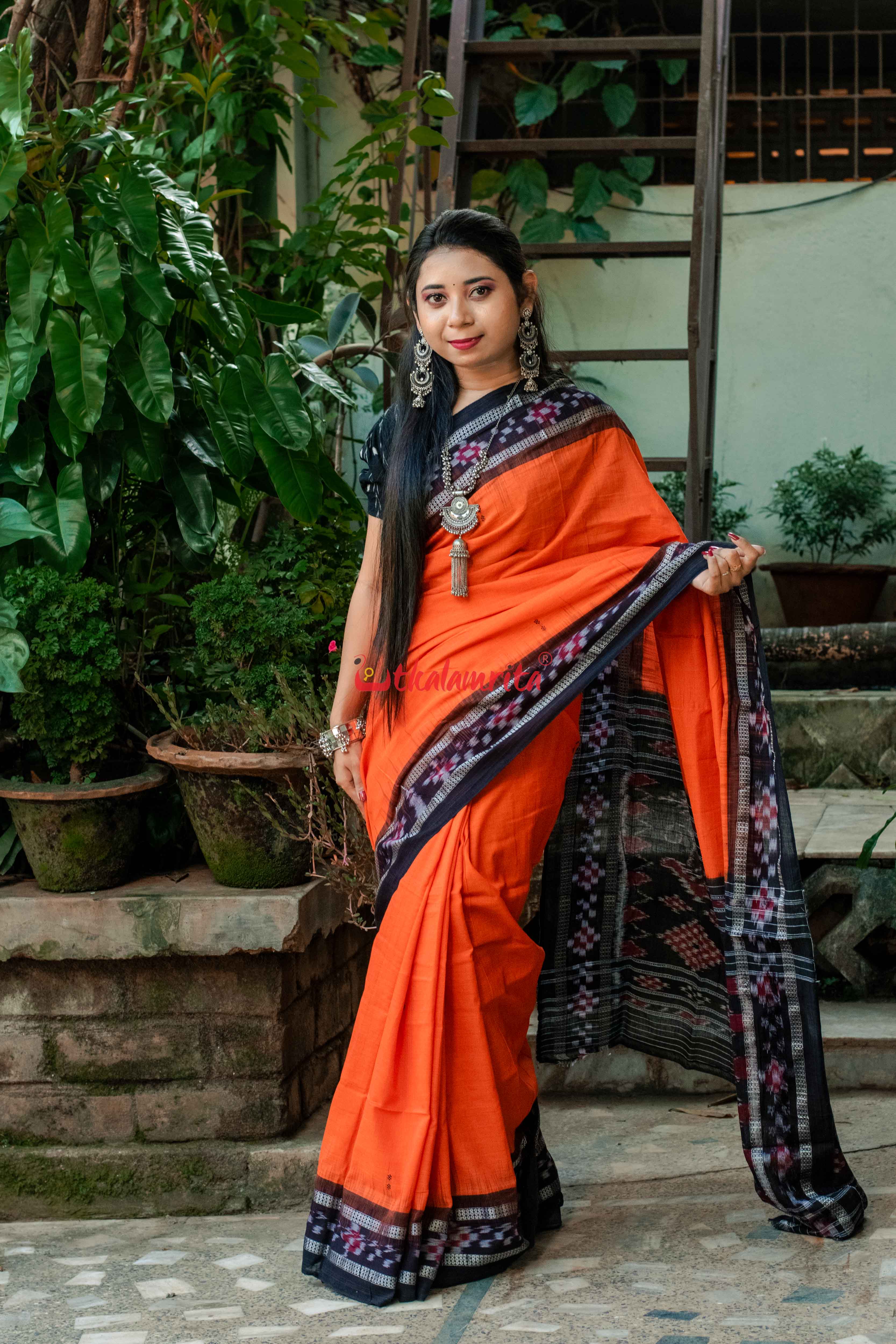 Orange Rekha Buti Khandua Cotton Saree