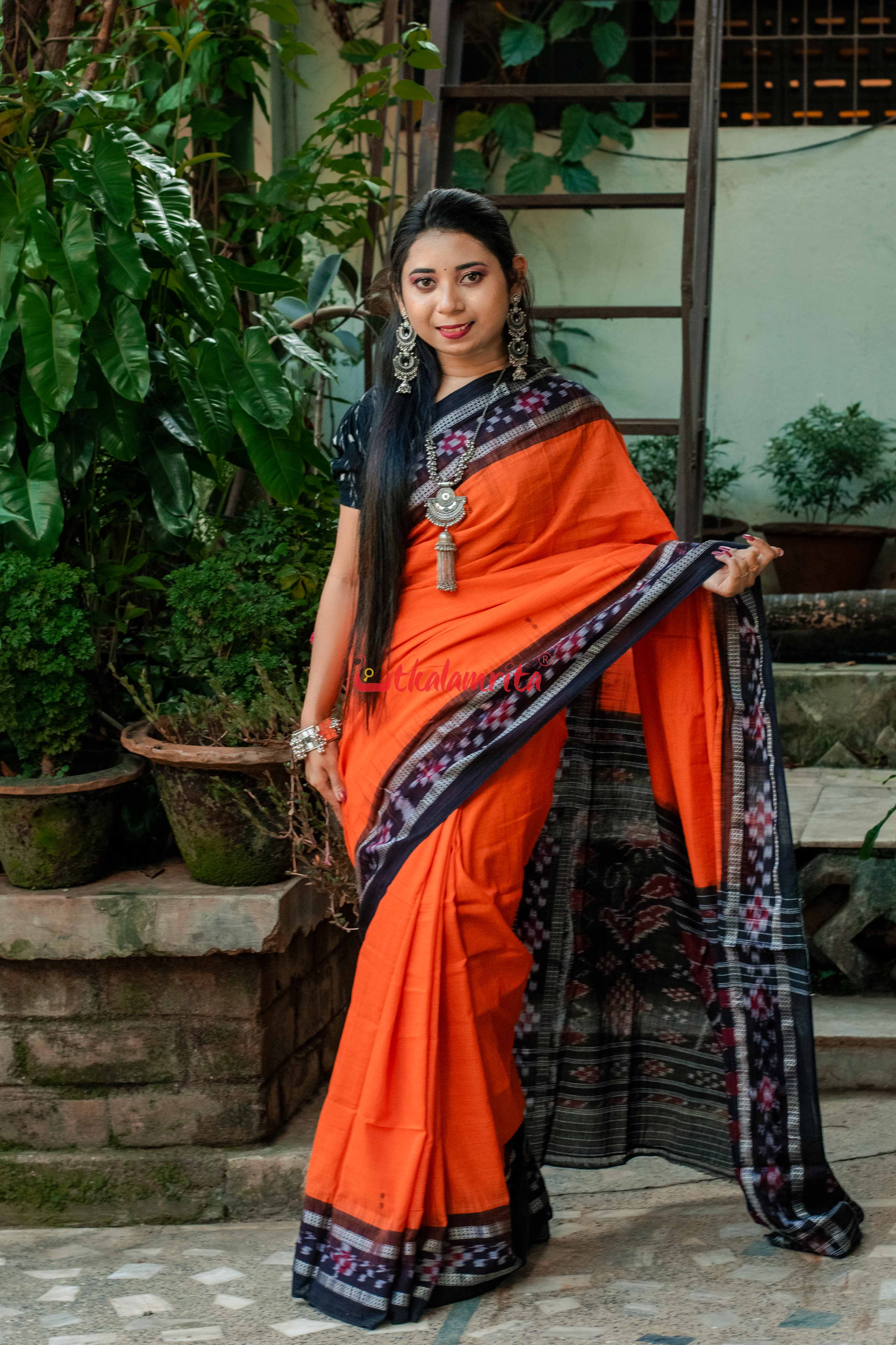 Orange Rekha Buti Khandua Cotton Saree