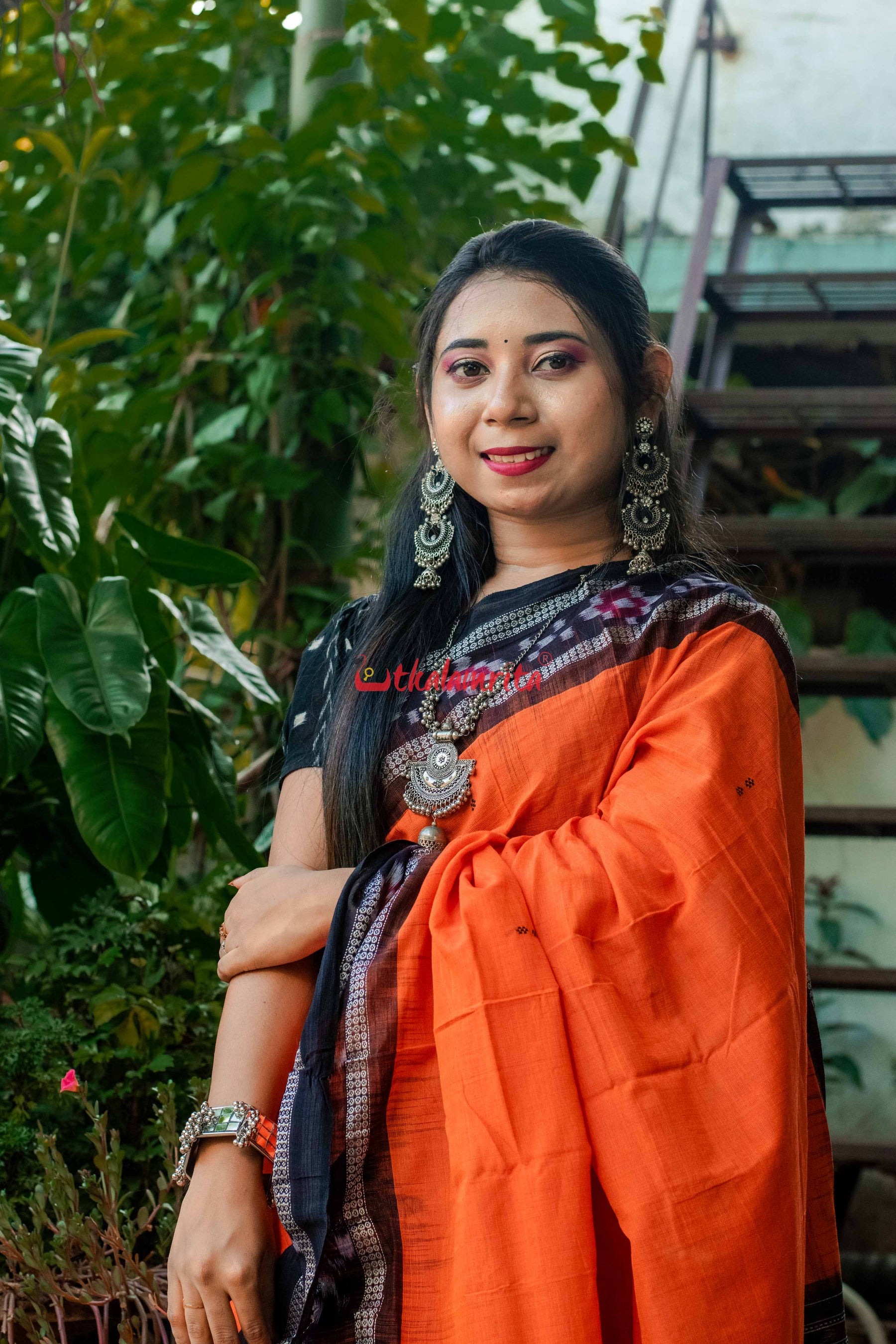 Orange Rekha Buti Khandua Cotton Saree