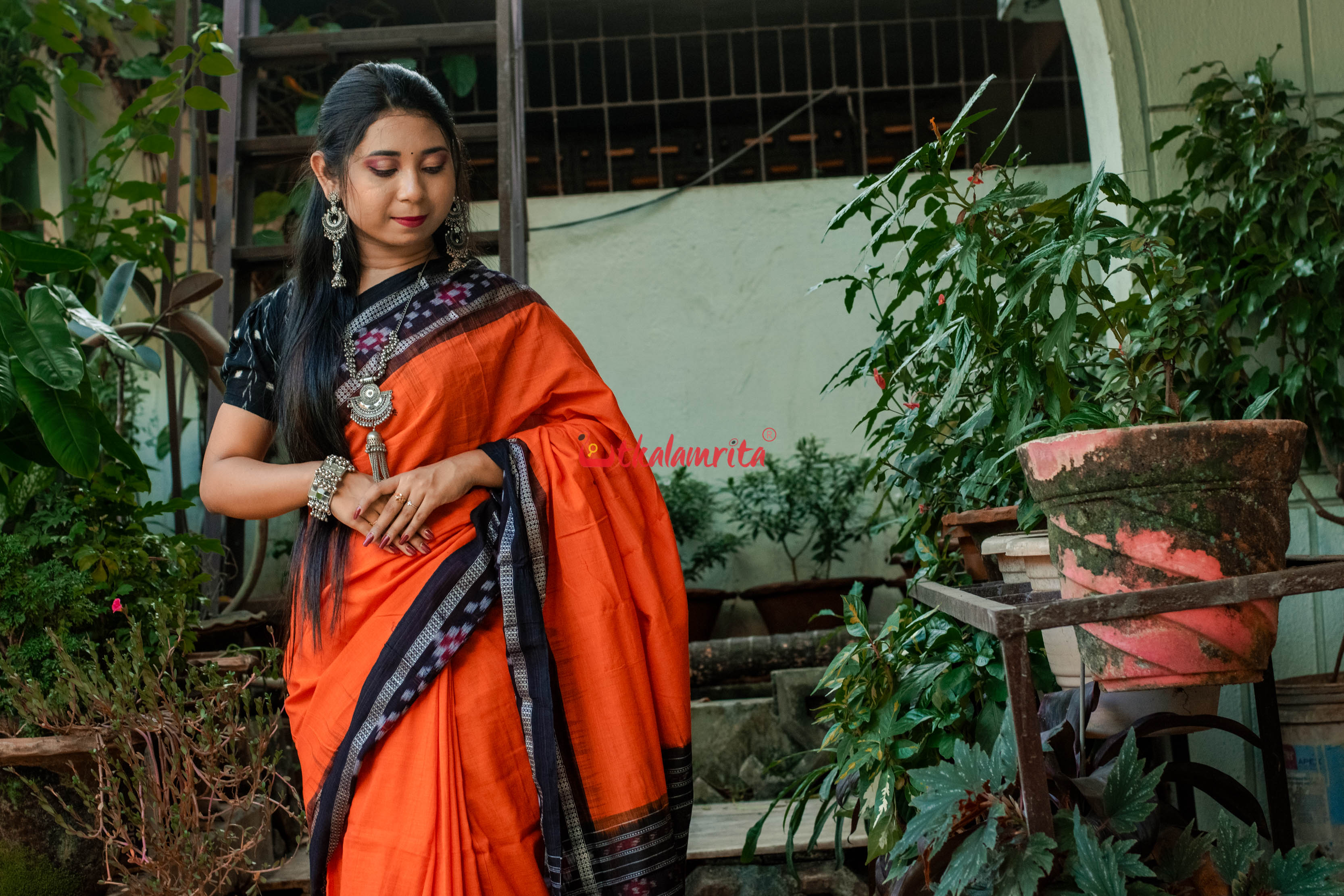 Orange Rekha Buti Khandua Cotton Saree