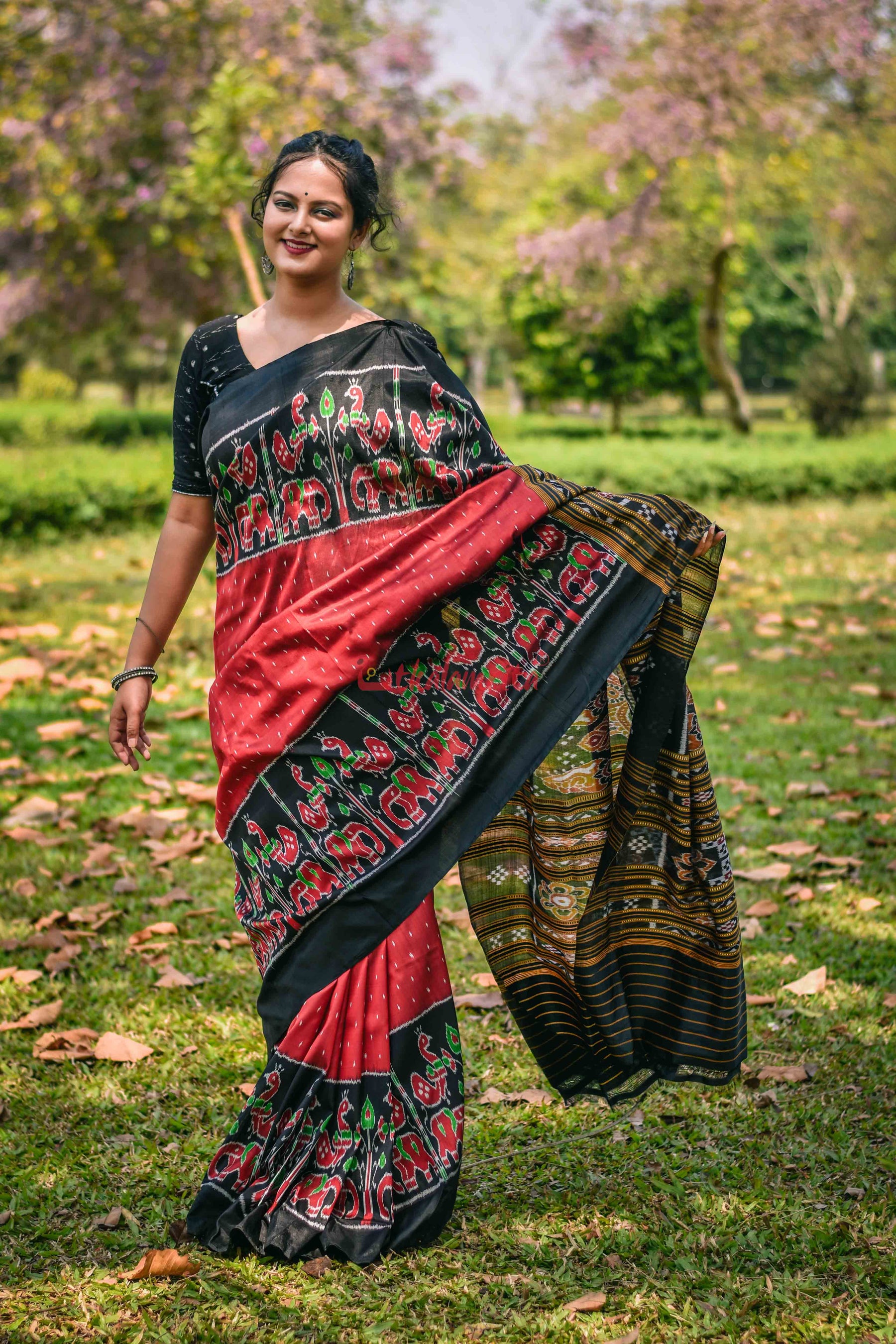 Red Elephant Peacock Khandua Silk Saree