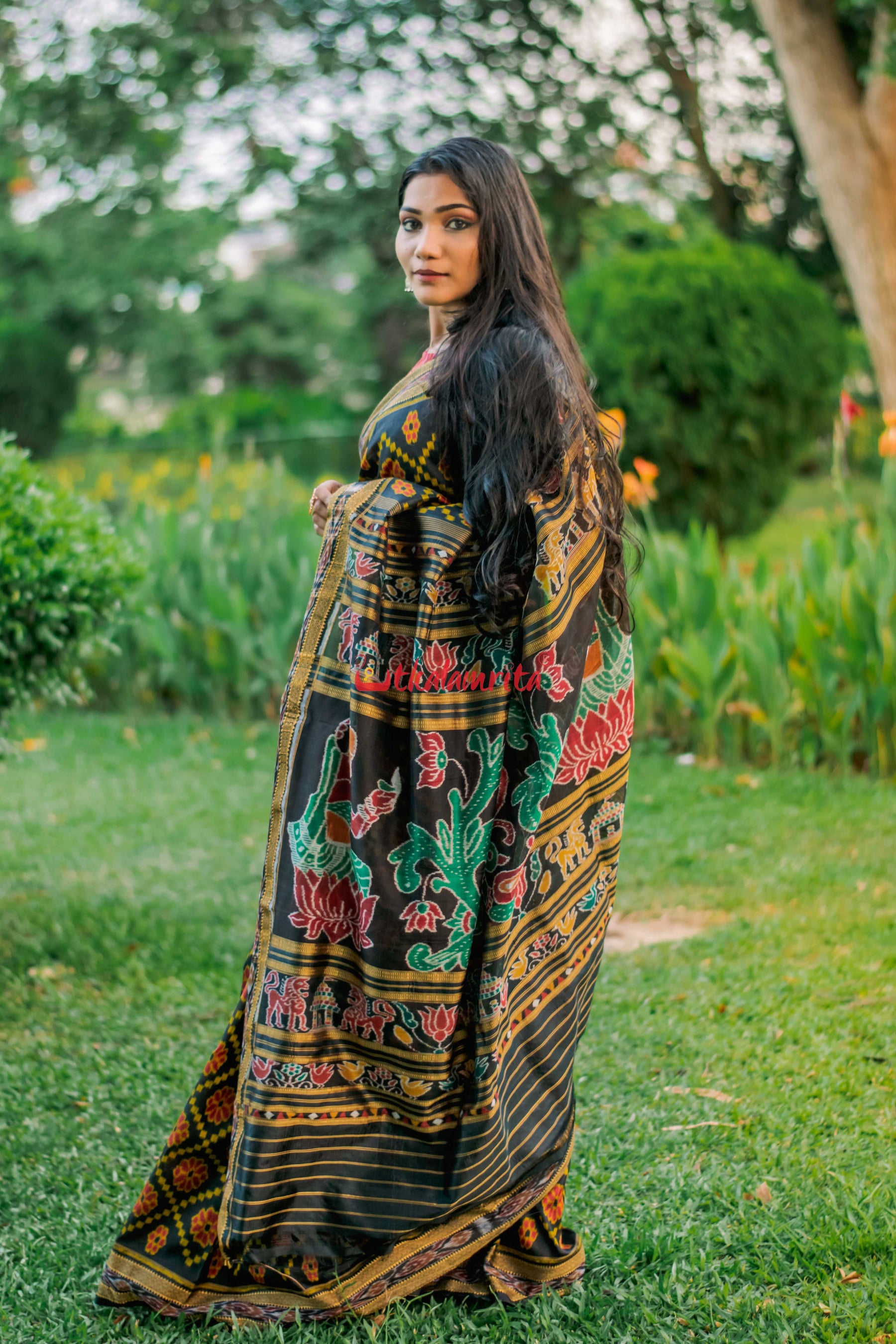 Black Red Flowers Khandua Silk Saree