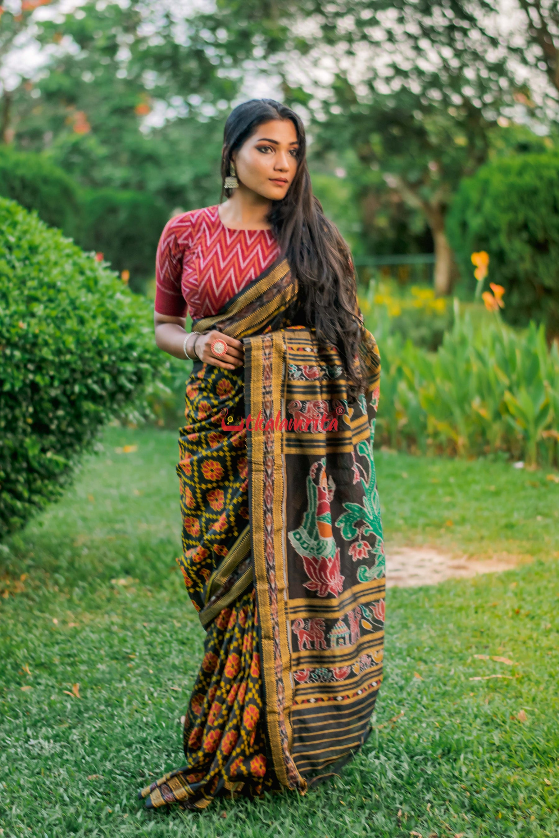 Black Red Flowers Khandua Silk Saree