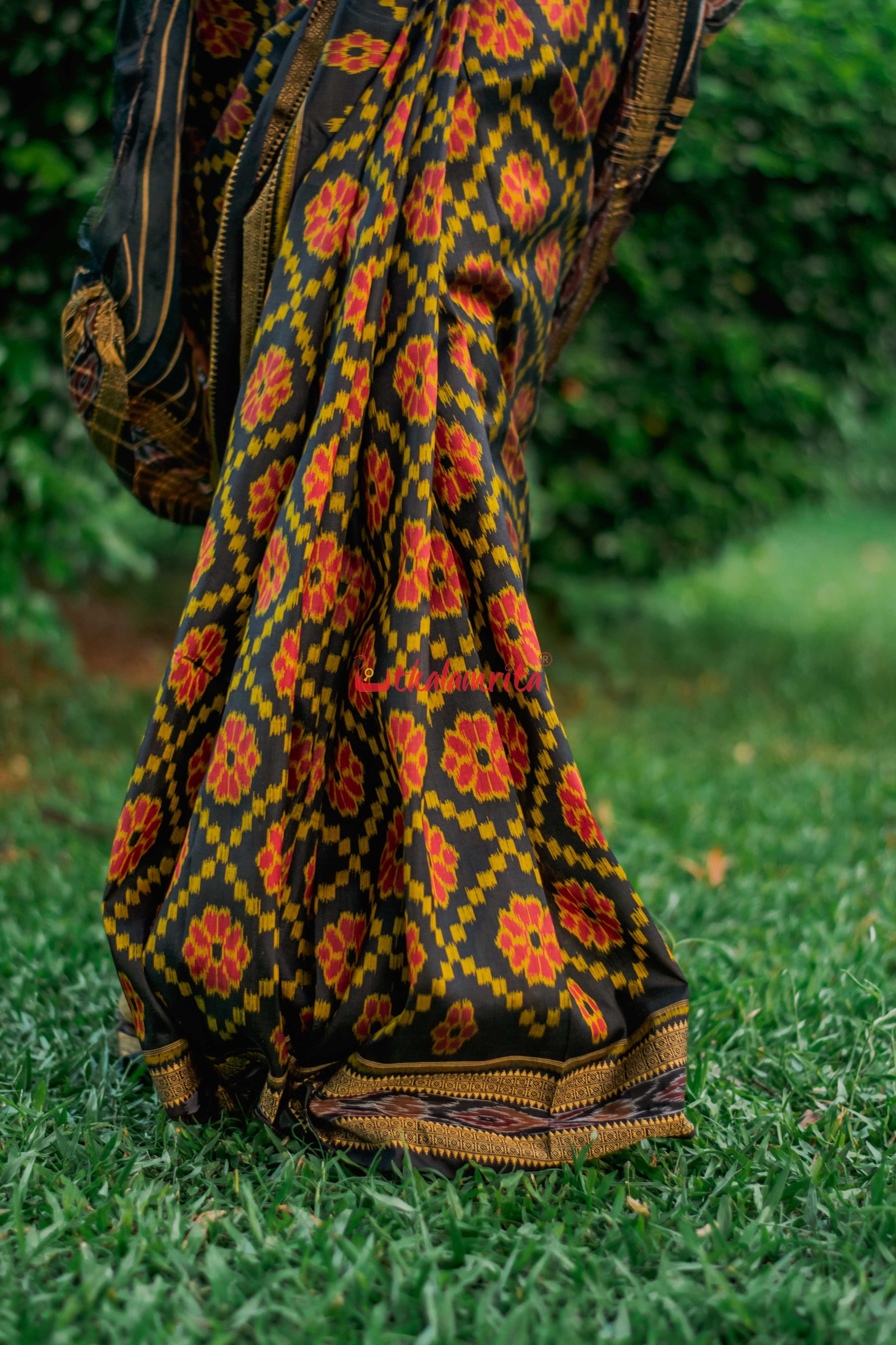Black Red Flowers Khandua Silk Saree