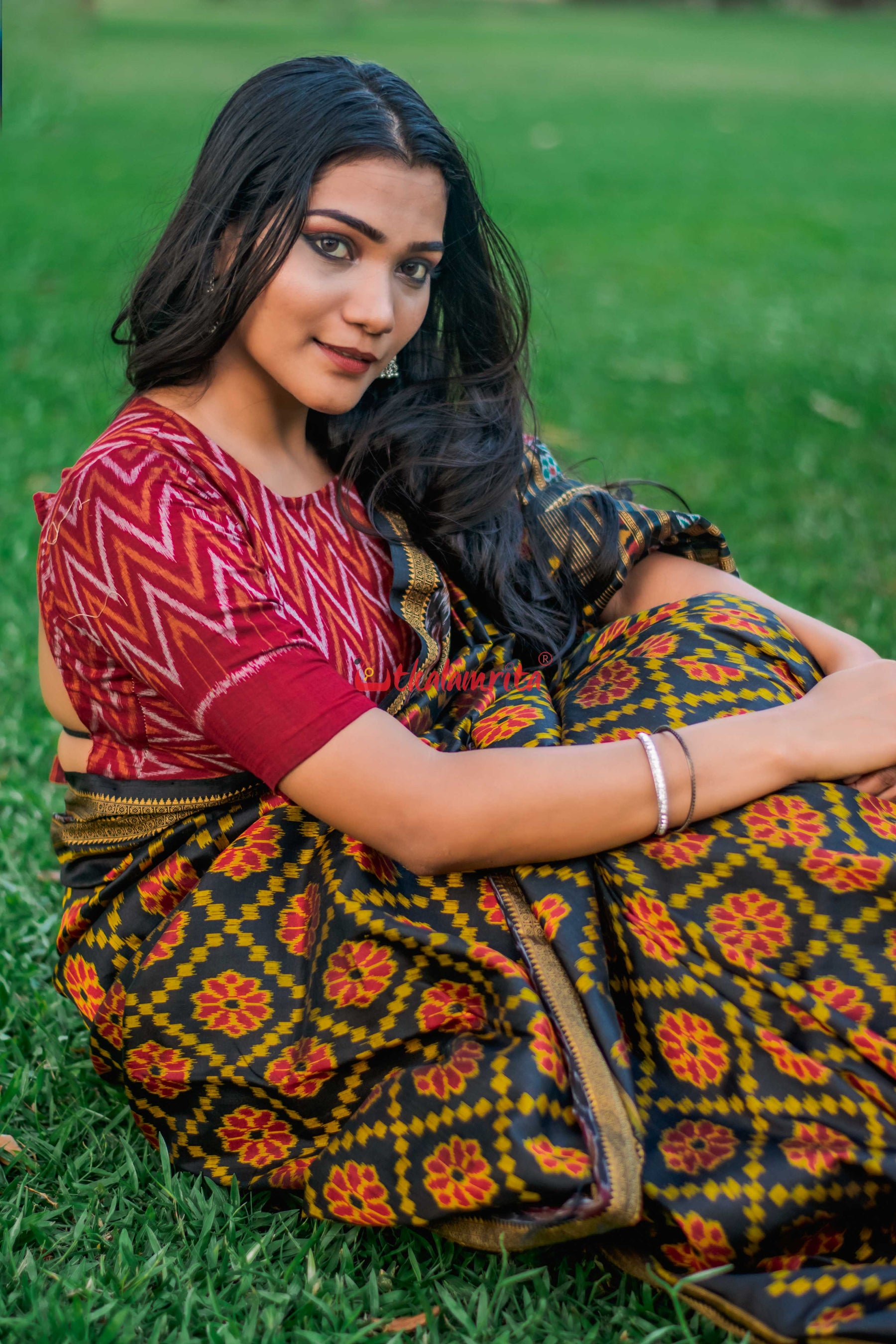 Black Red Flowers Khandua Silk Saree