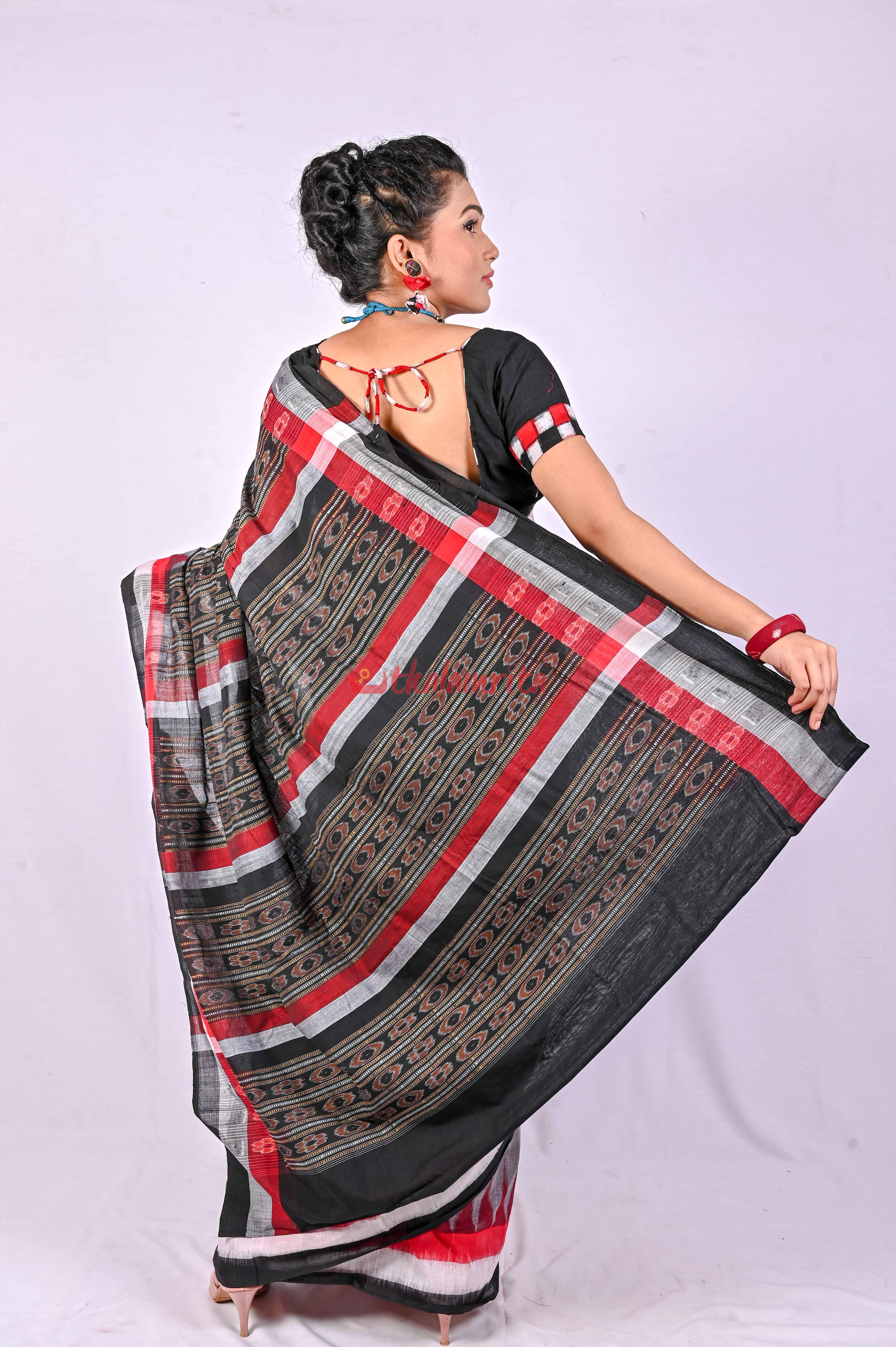 Grey Black Triranga Bomkai Saree