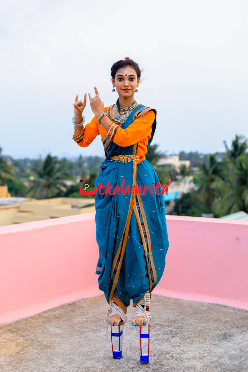 Teal Green Yellow Pittala Single Cotton Saree