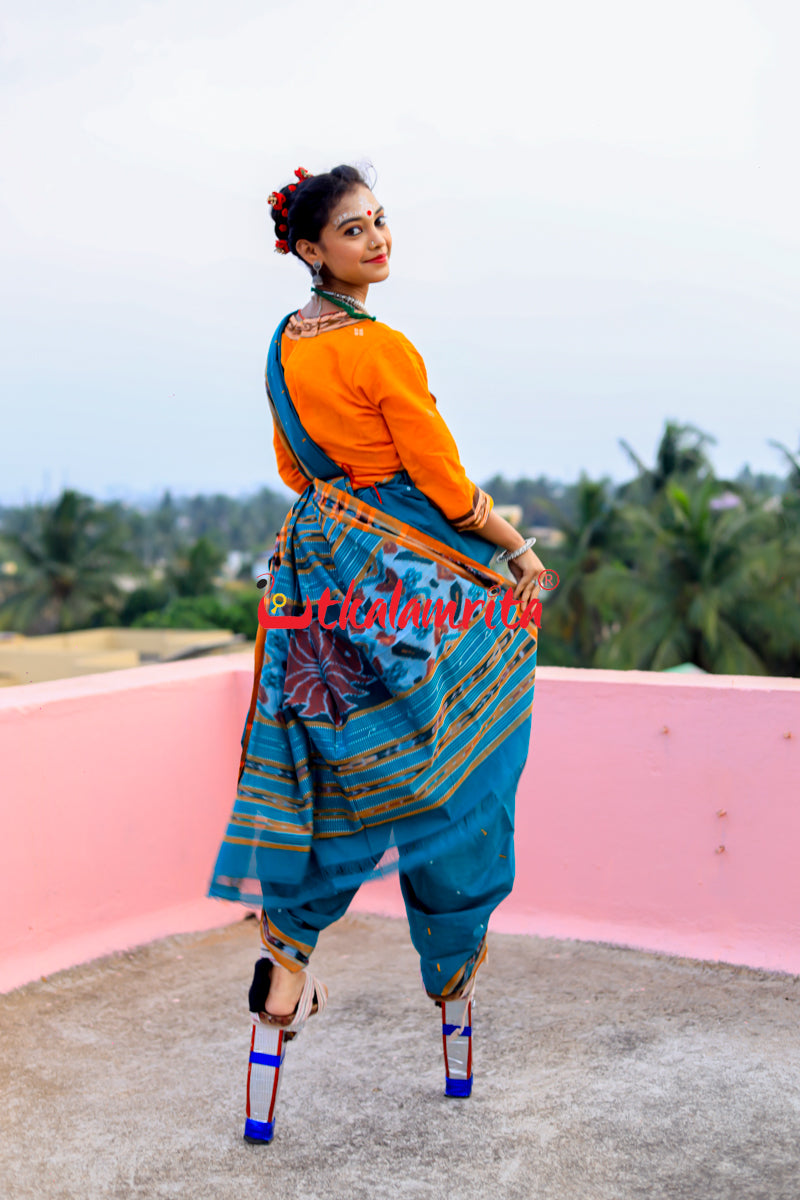 Teal Green Yellow Pittala Single Cotton Saree