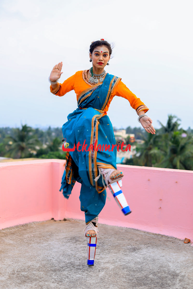 Teal Green Yellow Pittala Single Cotton Saree