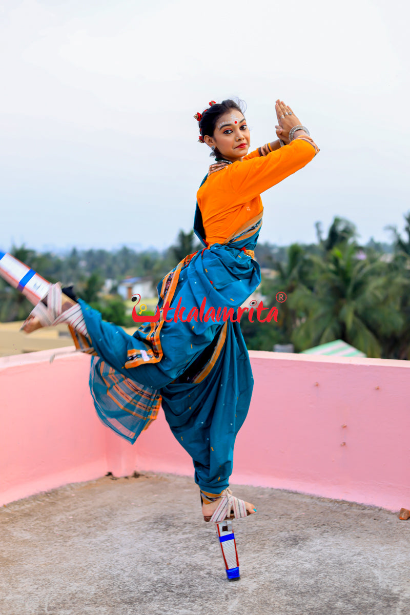 Teal Green Yellow Pittala Single Cotton Saree