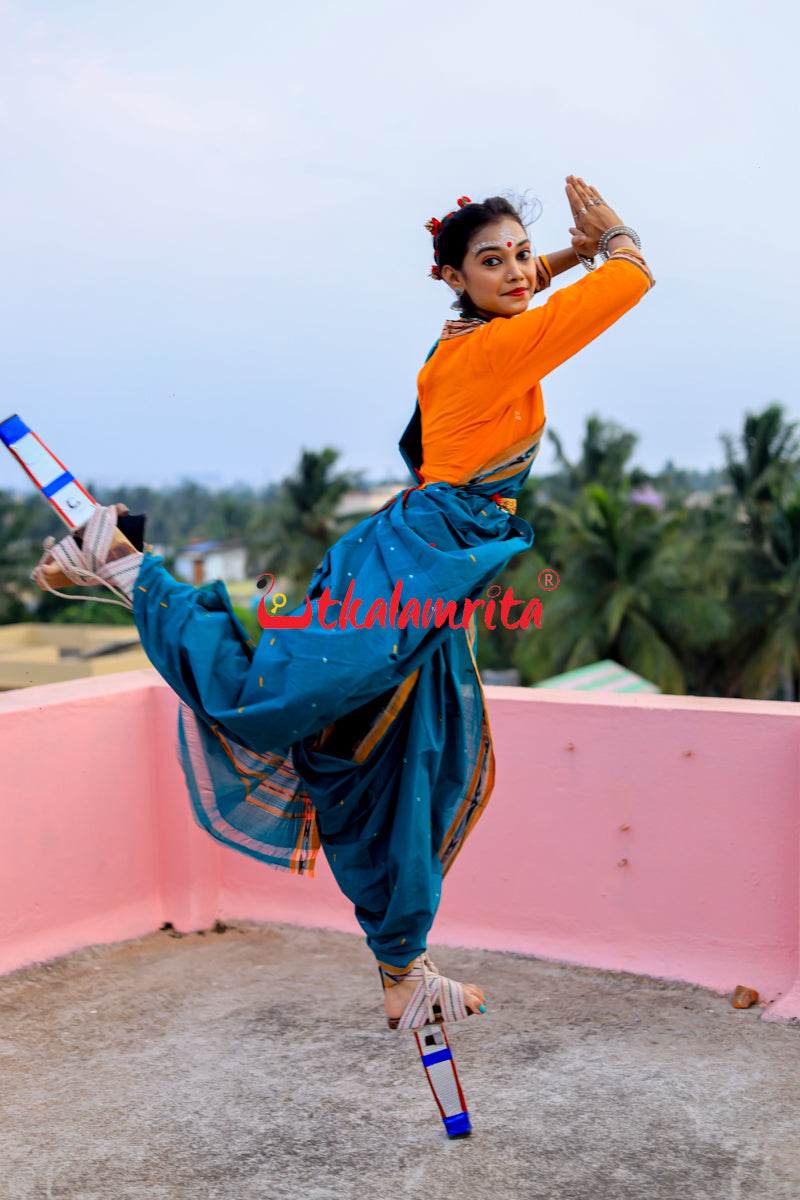 Teal Green Yellow Pittala Single Cotton Saree
