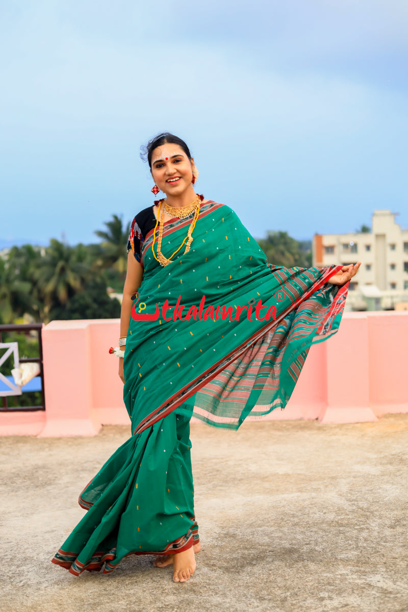 Leaf Green Maroon Pittala Single Cotton Saree